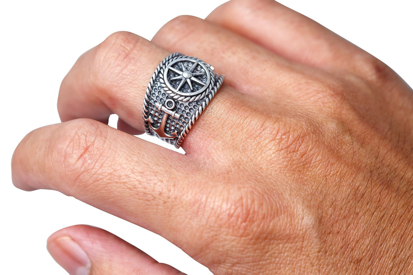 925 Sterling Silver Vintage Anchor Nautical Compass Sailor Signet Ring - SilverMania925