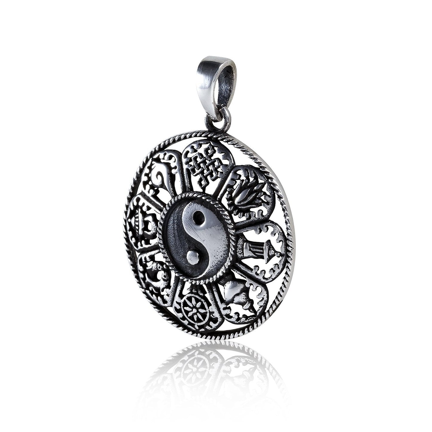 925 Sterling Silver Yin Yang Ashtamangala Hindu Tibetan Buddhism Pendant - SilverMania925