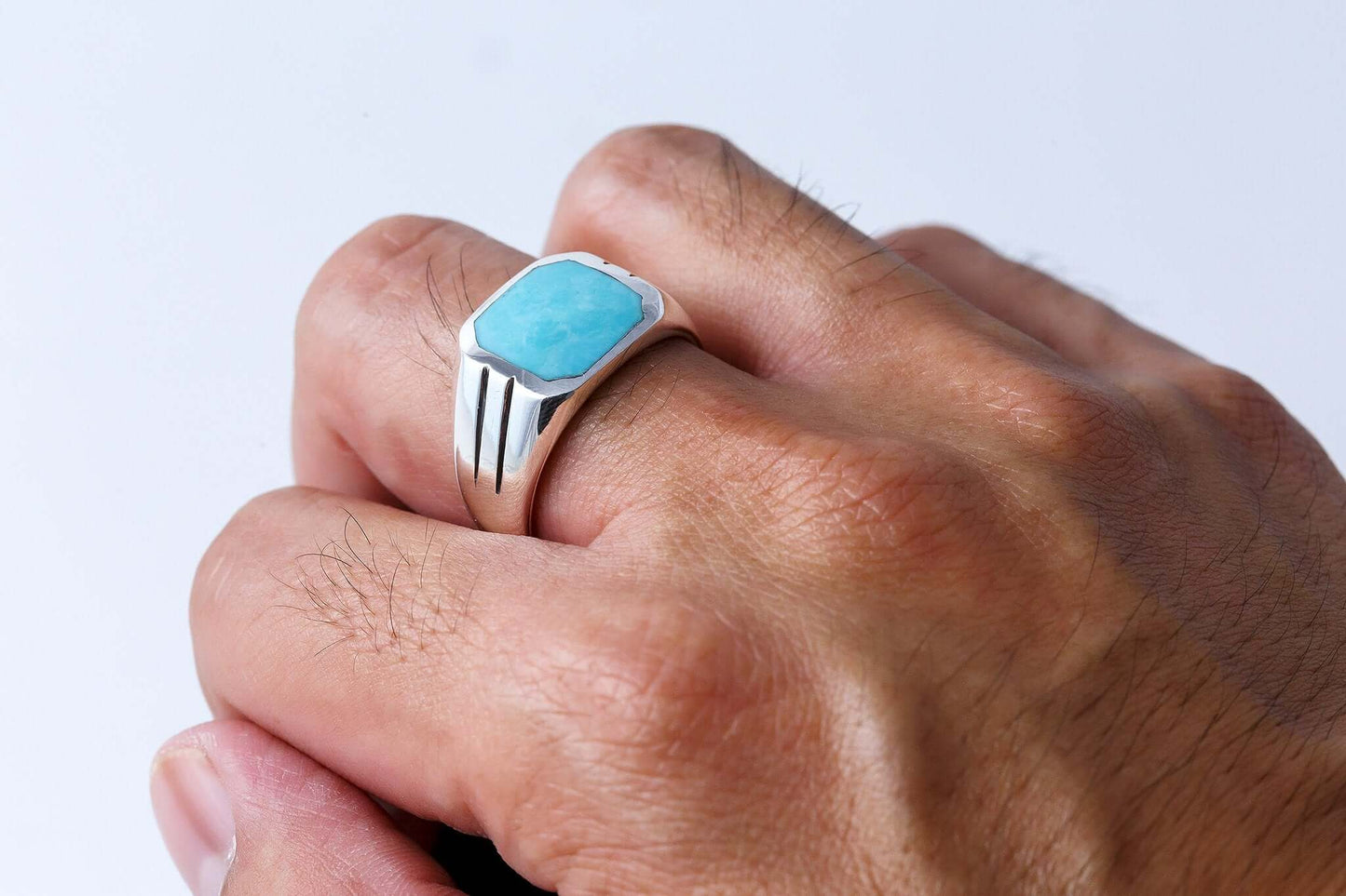925 Sterling Silver Mens Square Turquoise Classic Style Solid Band Ring - SilverMania925