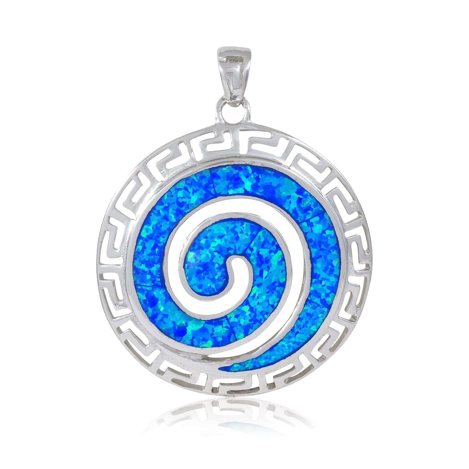 925 Sterling Silver Hawaiian Blue Fire Opal Greek Key Meander Meandros Spiral Pendant