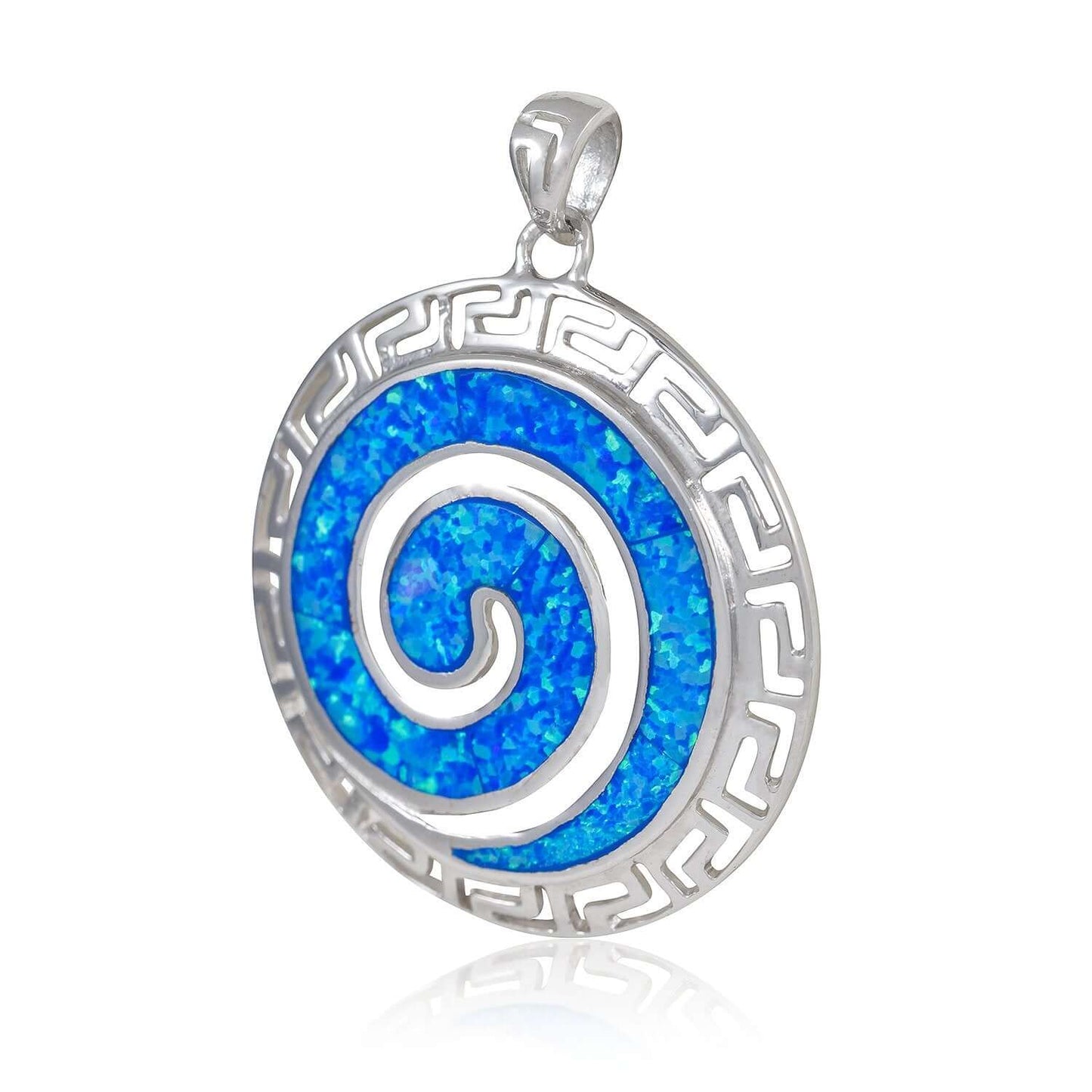 925 Sterling Silver Hawaiian Blue Fire Opal Greek Key Meander Meandros Spiral Pendant - SilverMania925