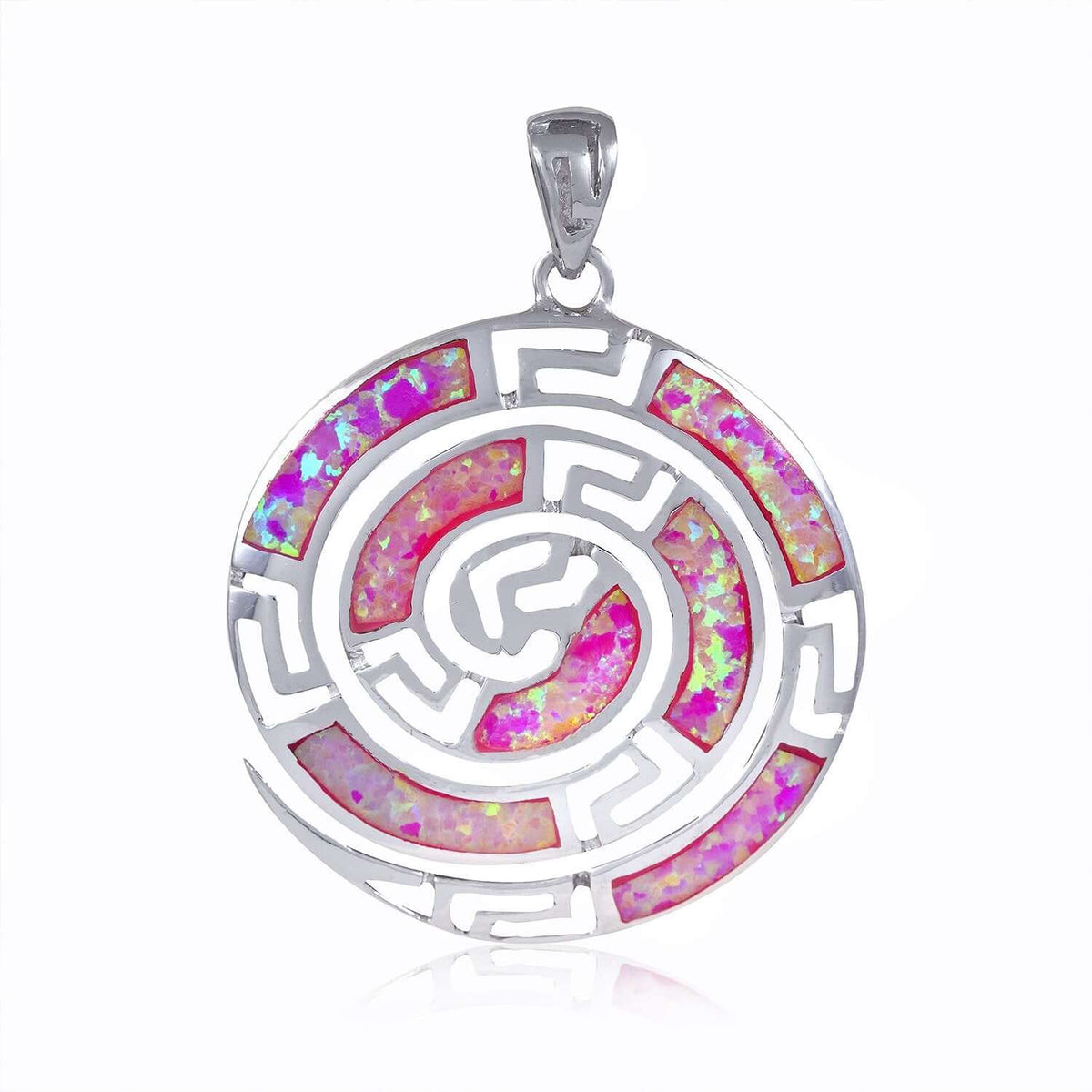 925 Sterling Silver Pink Fire Opal Greek Key Meander Meandros Spiral Luxury Pendant - SilverMania925