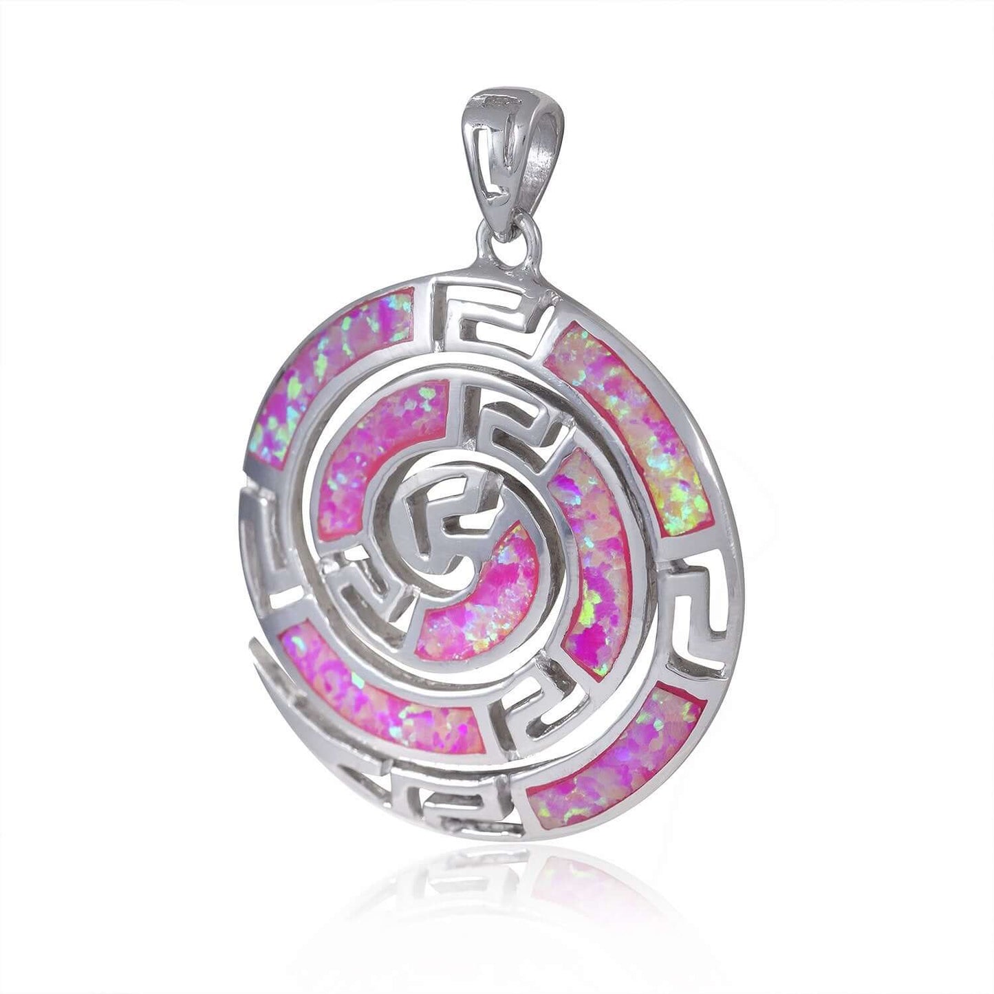 925 Sterling Silver Pink Fire Opal Greek Key Meander Meandros Spiral Luxury Pendant - SilverMania925