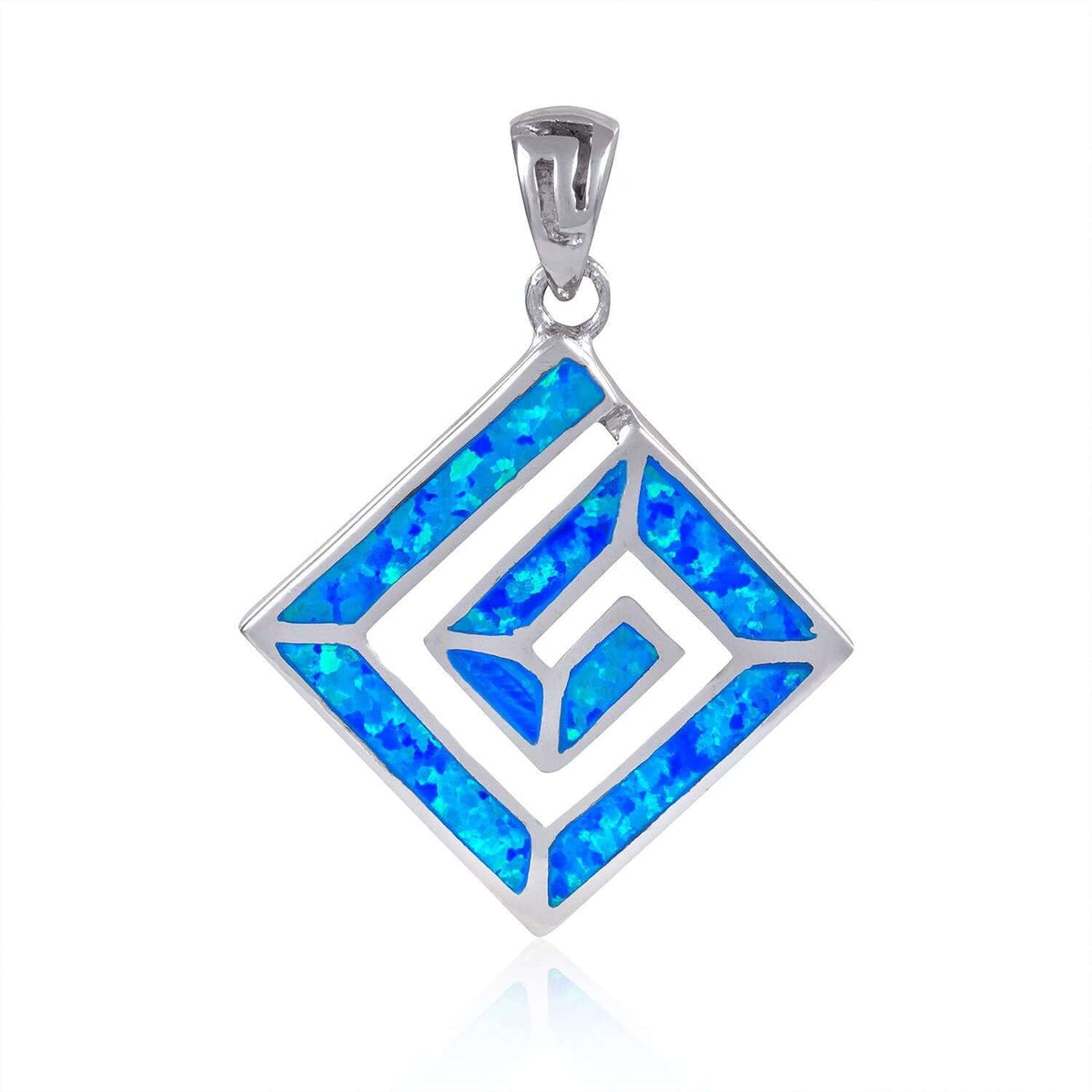 925 Sterling Silver Hawaiian Blue Fire Opal Greek Key Meander Meandros Luxury Pendant - SilverMania925