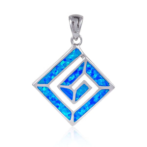 925 Sterling Silver Hawaiian Blue Fire Opal Greek Key Meander Meandros Luxury Pendant
