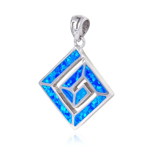 925 Sterling Silver Hawaiian Blue Fire Opal Greek Key Meander Meandros Luxury Pendant