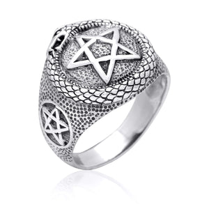 925 Sterling Silver Ouroboros Pentagram Masonic Ring