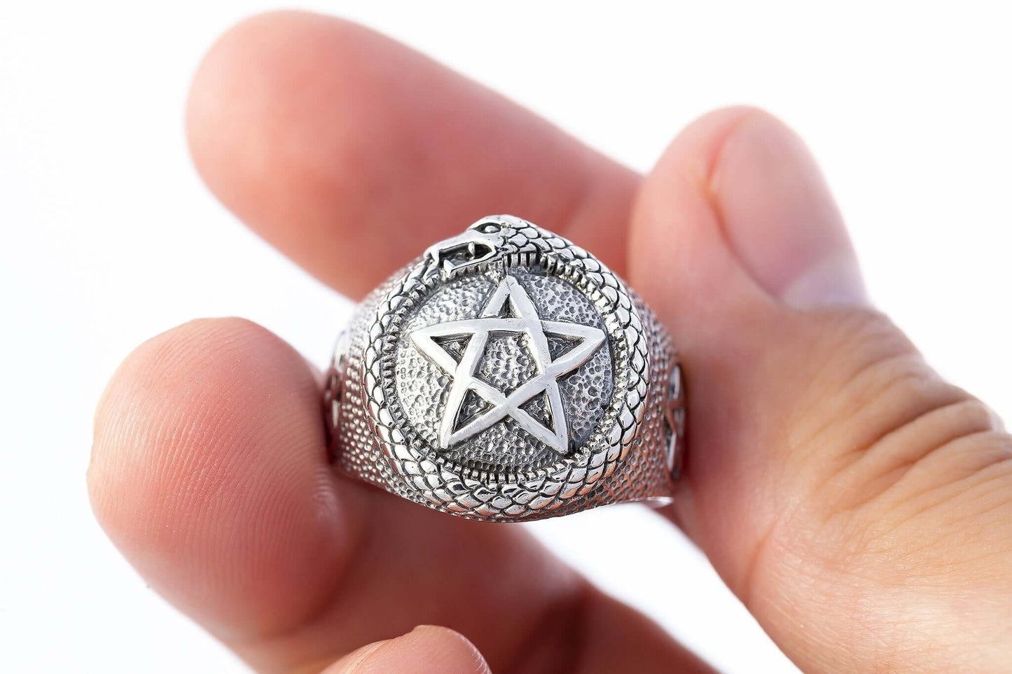 925 Sterling Silver Ouroboros Pentagram Masonic Ring - SilverMania925