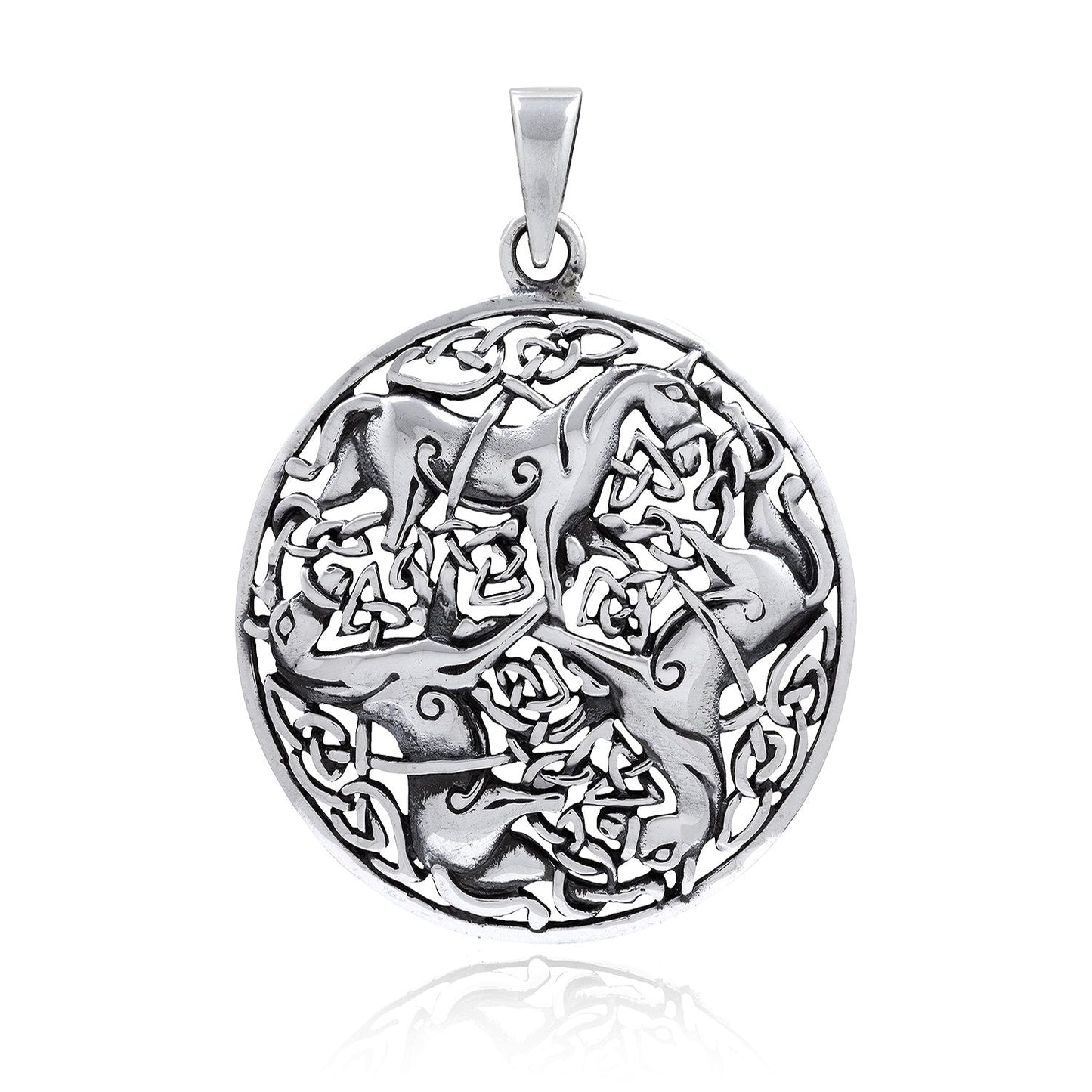 925 Sterling Silver Three Horse Celtic Irish Knot Knotwork Epona Pendant - SilverMania925