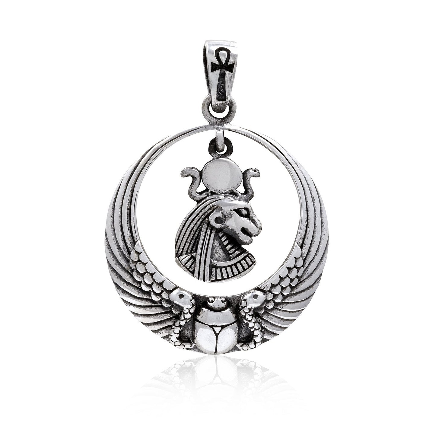 925 Sterling Silver Royal Wadjet Lion Goddess Sekhmet Ankh Scarab Wings Pendant - SilverMania925