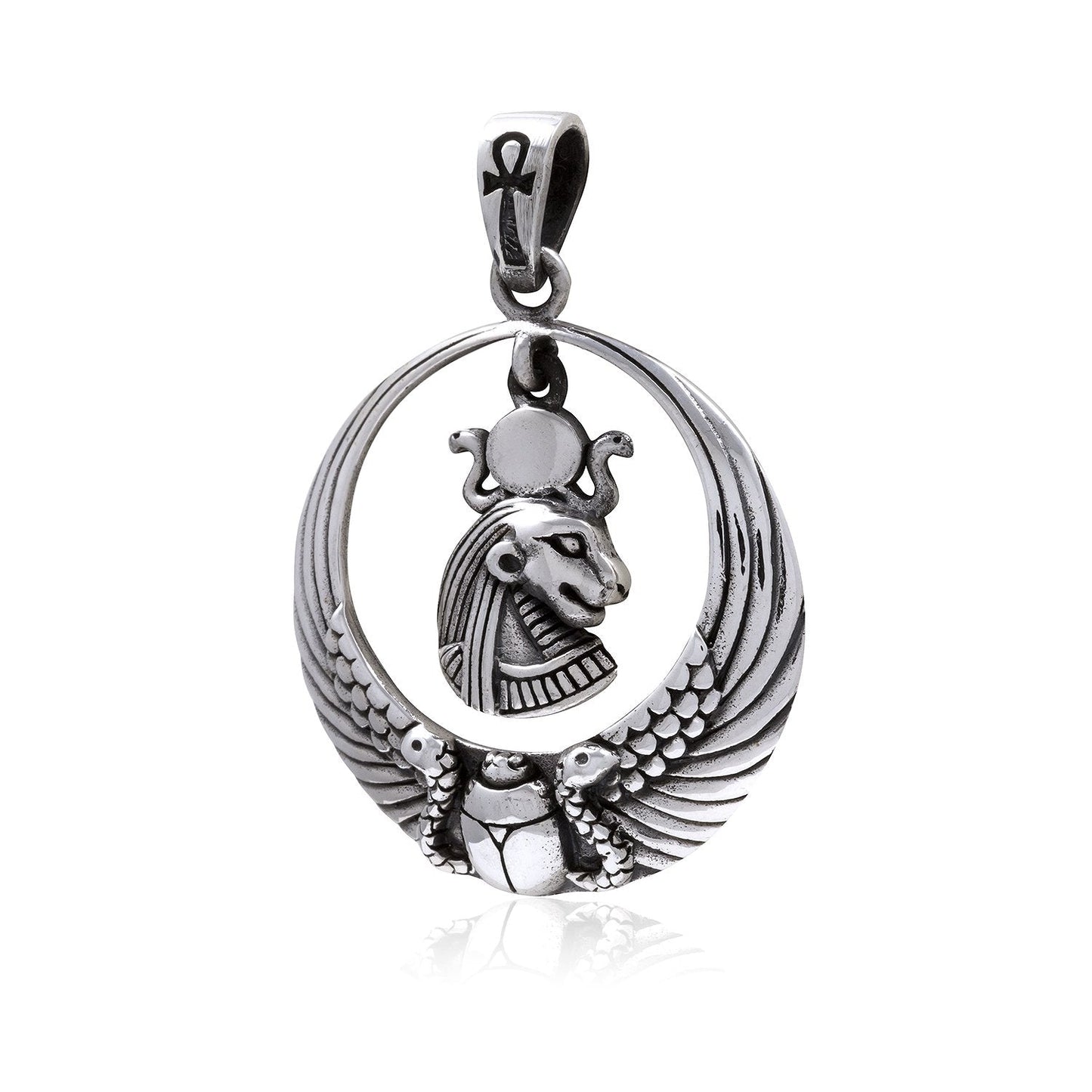 925 Sterling Silver Royal Wadjet Lion Goddess Sekhmet Ankh Scarab Wings Pendant - SilverMania925