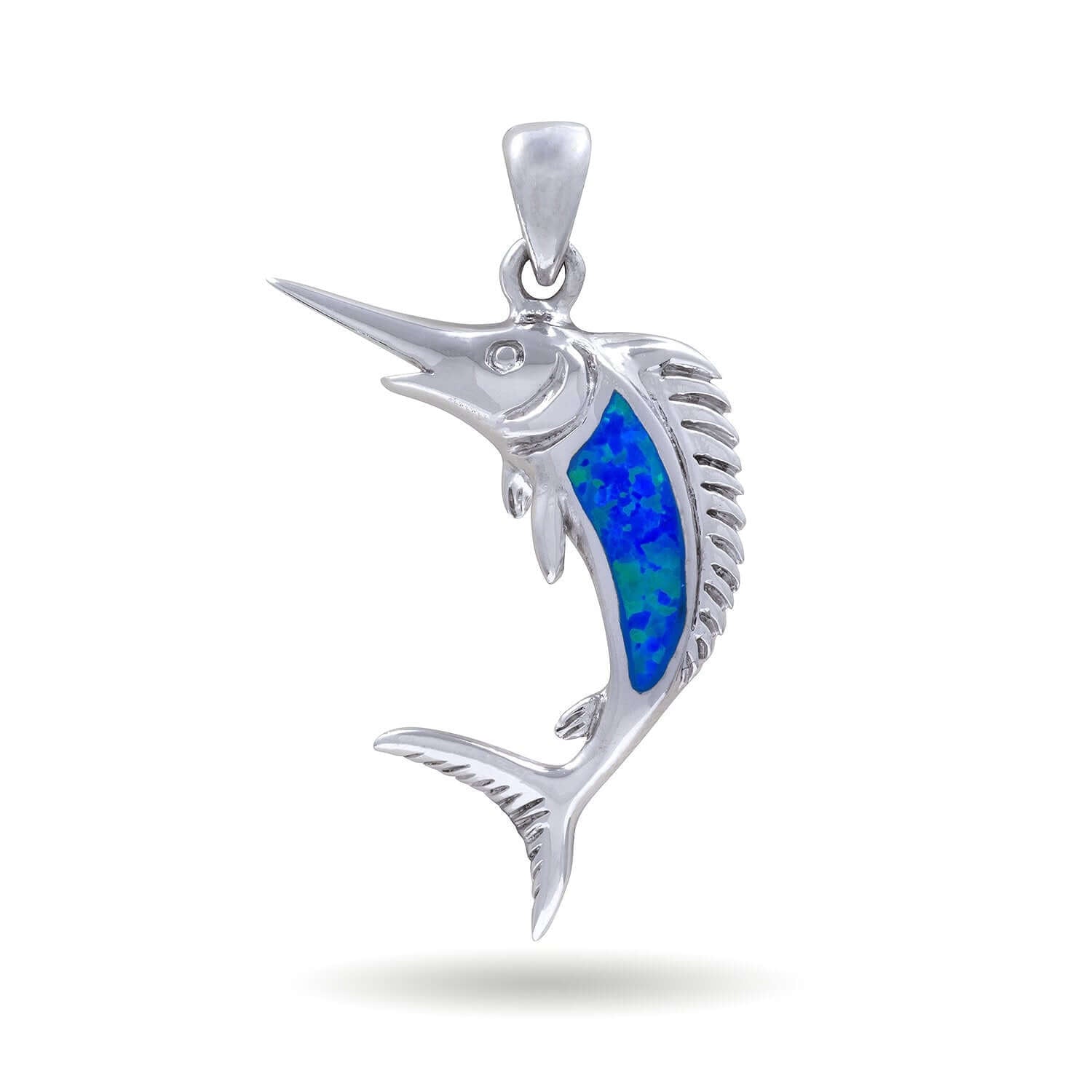 925 Sterling Silver Hawaiian Blue Inlay Opal Swordfish Fish Sea Charm Pendant - SilverMania925
