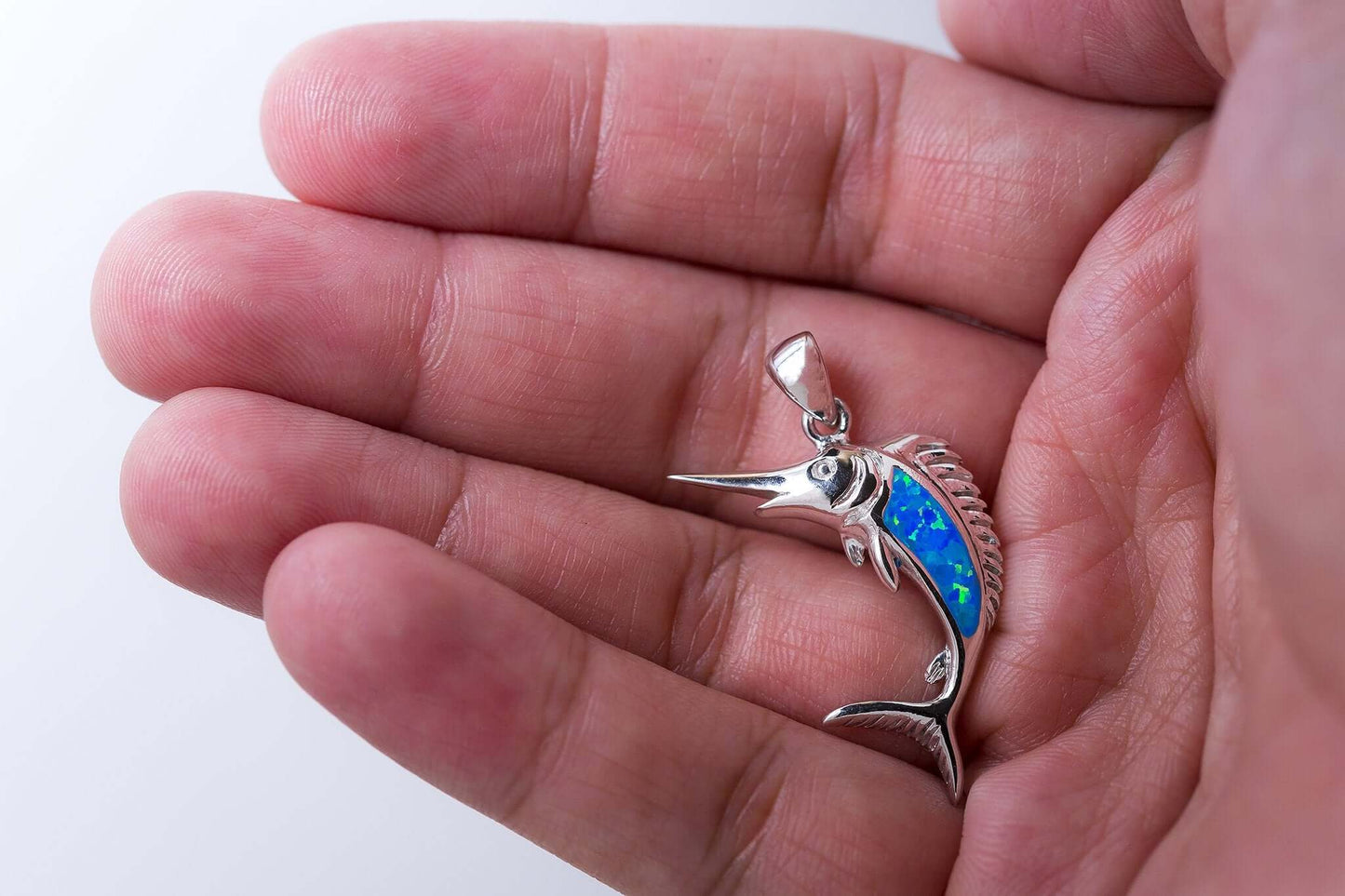 925 Sterling Silver Hawaiian Blue Inlay Opal Swordfish Fish Sea Charm Pendant - SilverMania925