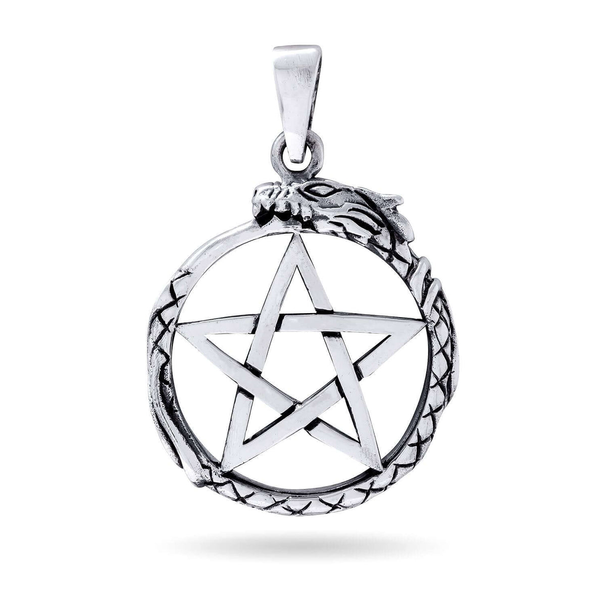 925 Sterling Silver Ouroboros Serpent Norse Dragon Jormungand Pentagram Pendant - SilverMania925