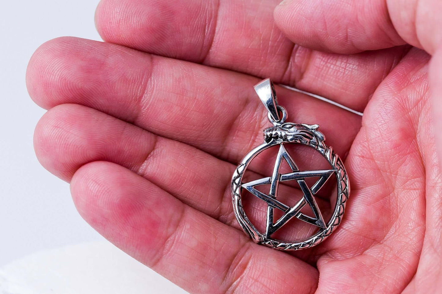 925 Sterling Silver Ouroboros Serpent Norse Dragon Jormungand Pentagram Pendant - SilverMania925