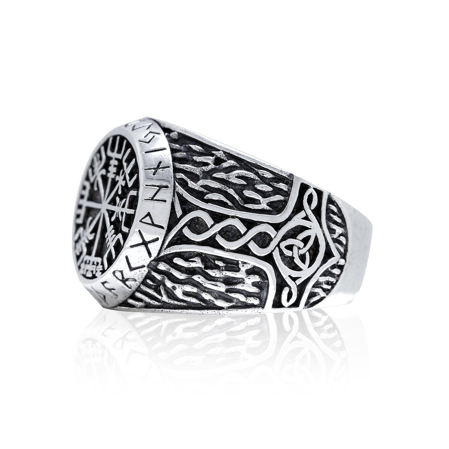 925 Sterling Silver Viking Vegvisir Runes Thor Hammer Handcrafted Ring - SilverMania925