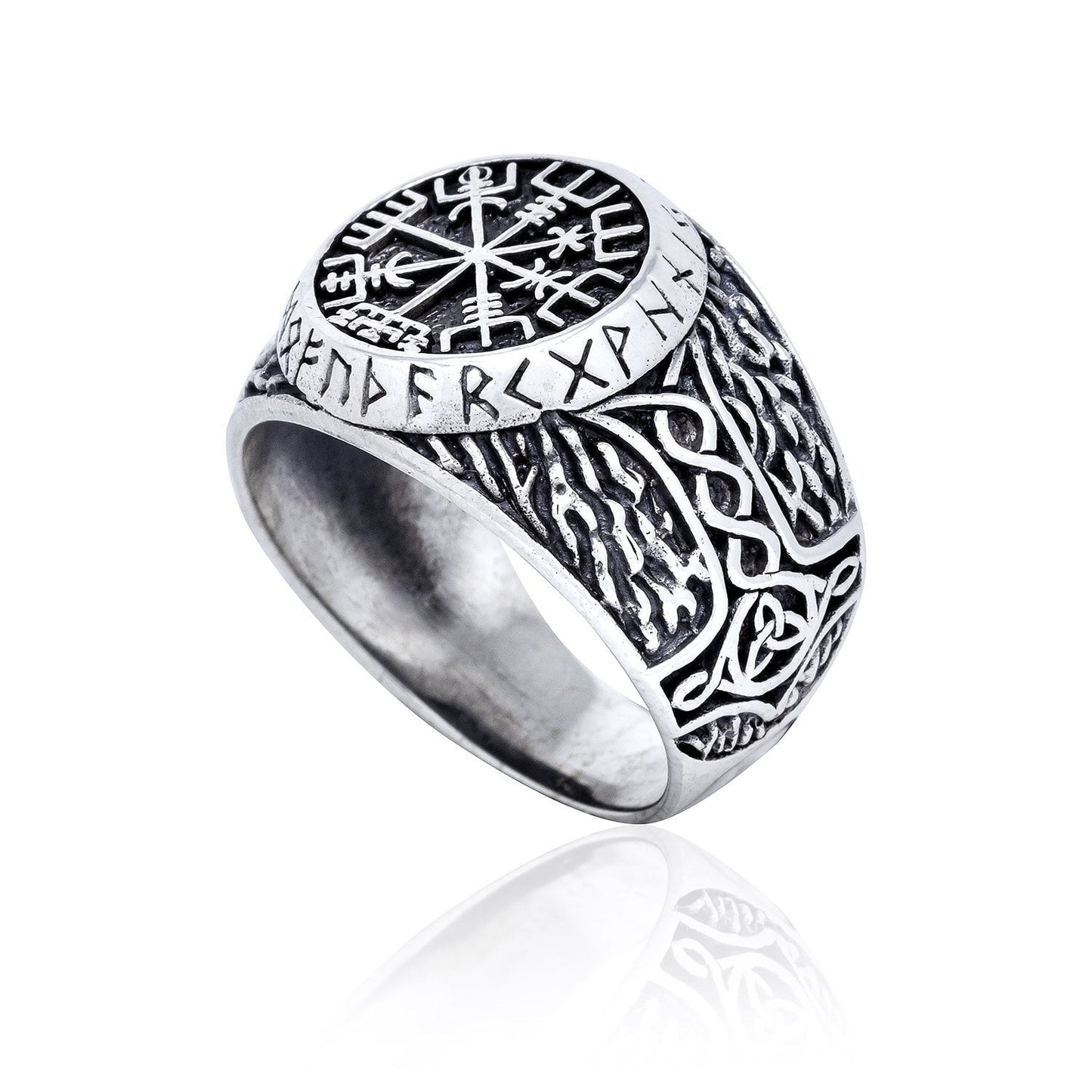 925 Sterling Silver Viking Vegvisir Runes Thor Hammer Handcrafted Ring - SilverMania925