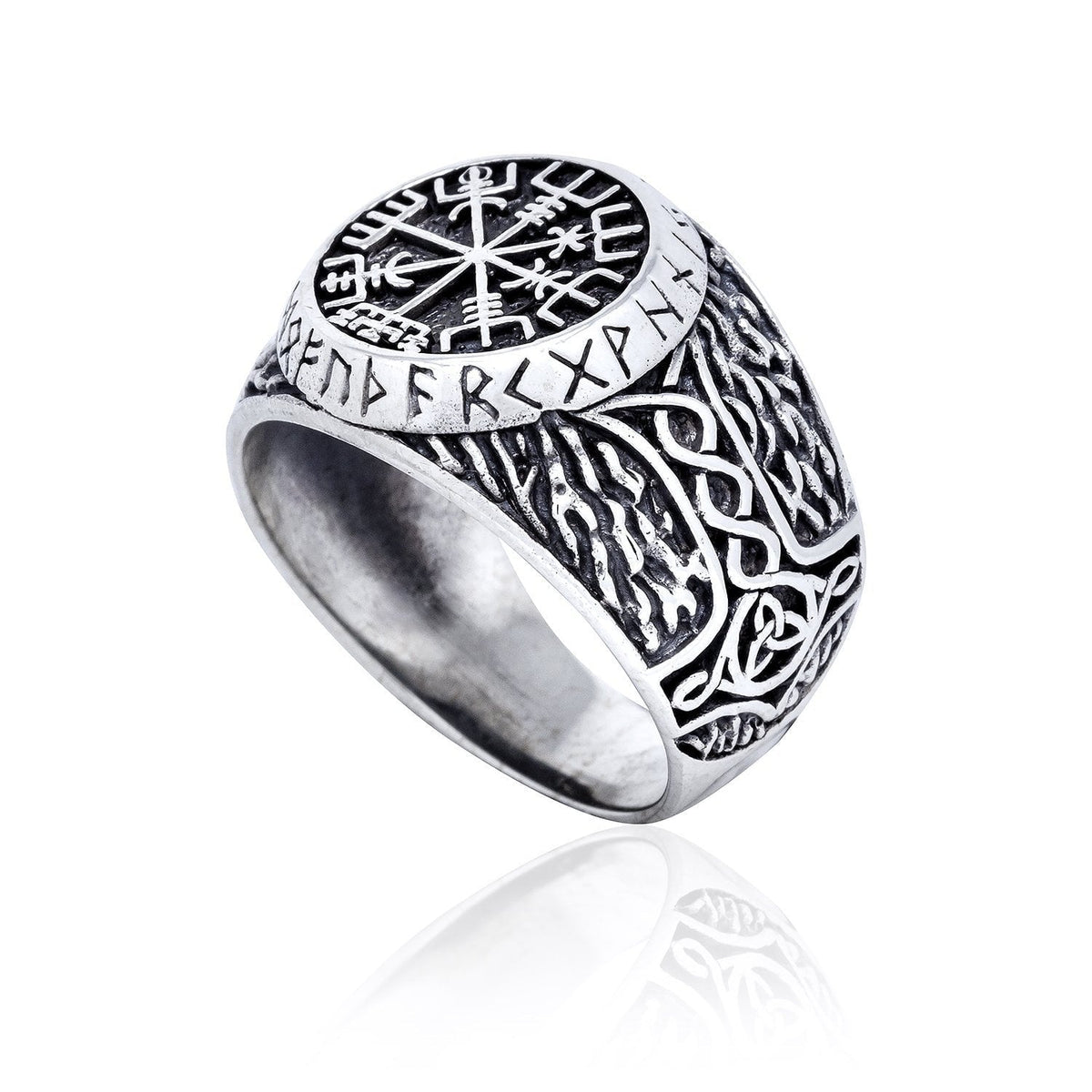 925 Sterling Silver Viking Vegvisir Runes Thor Hammer Handcrafted Ring - SilverMania925