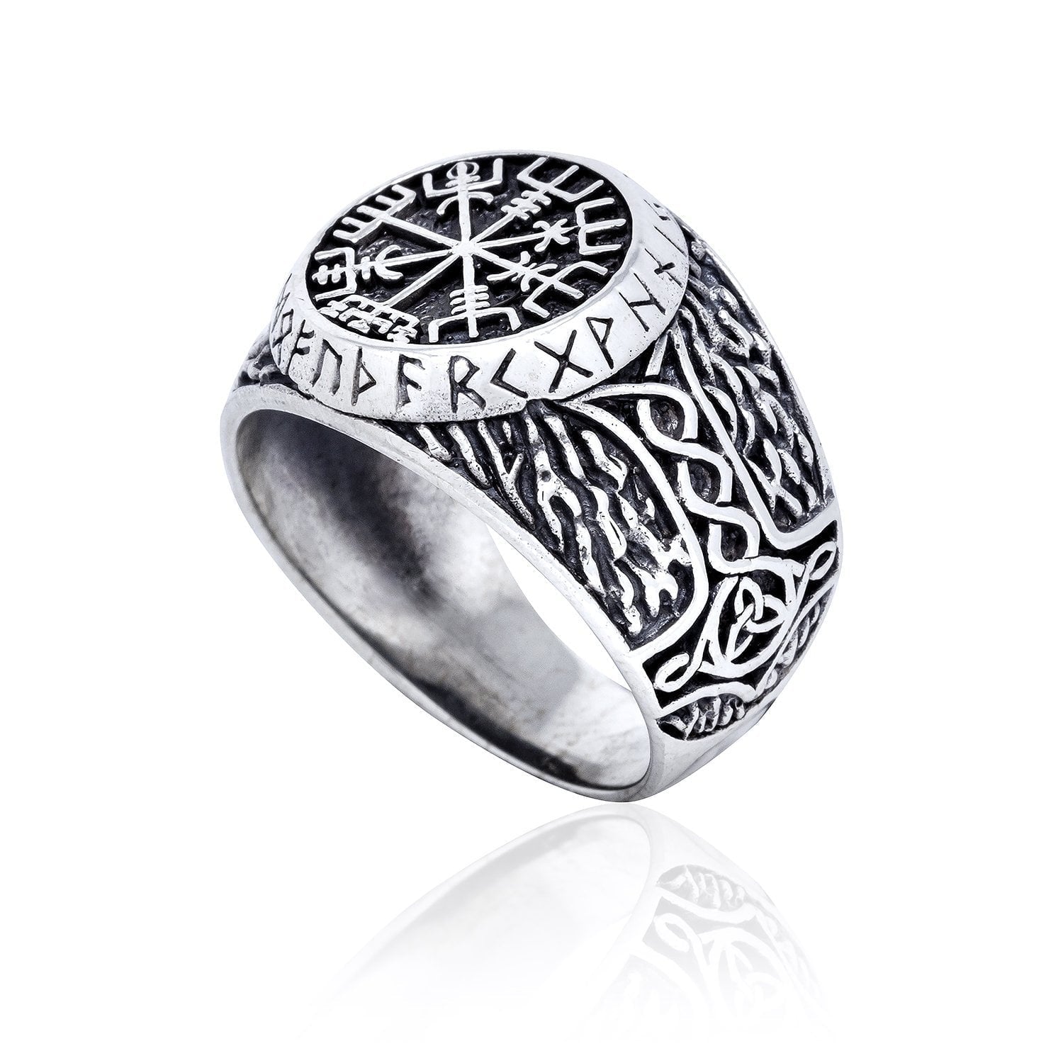 925 Sterling Silver Viking Vegvisir Runes Thor Hammer Handcrafted Ring