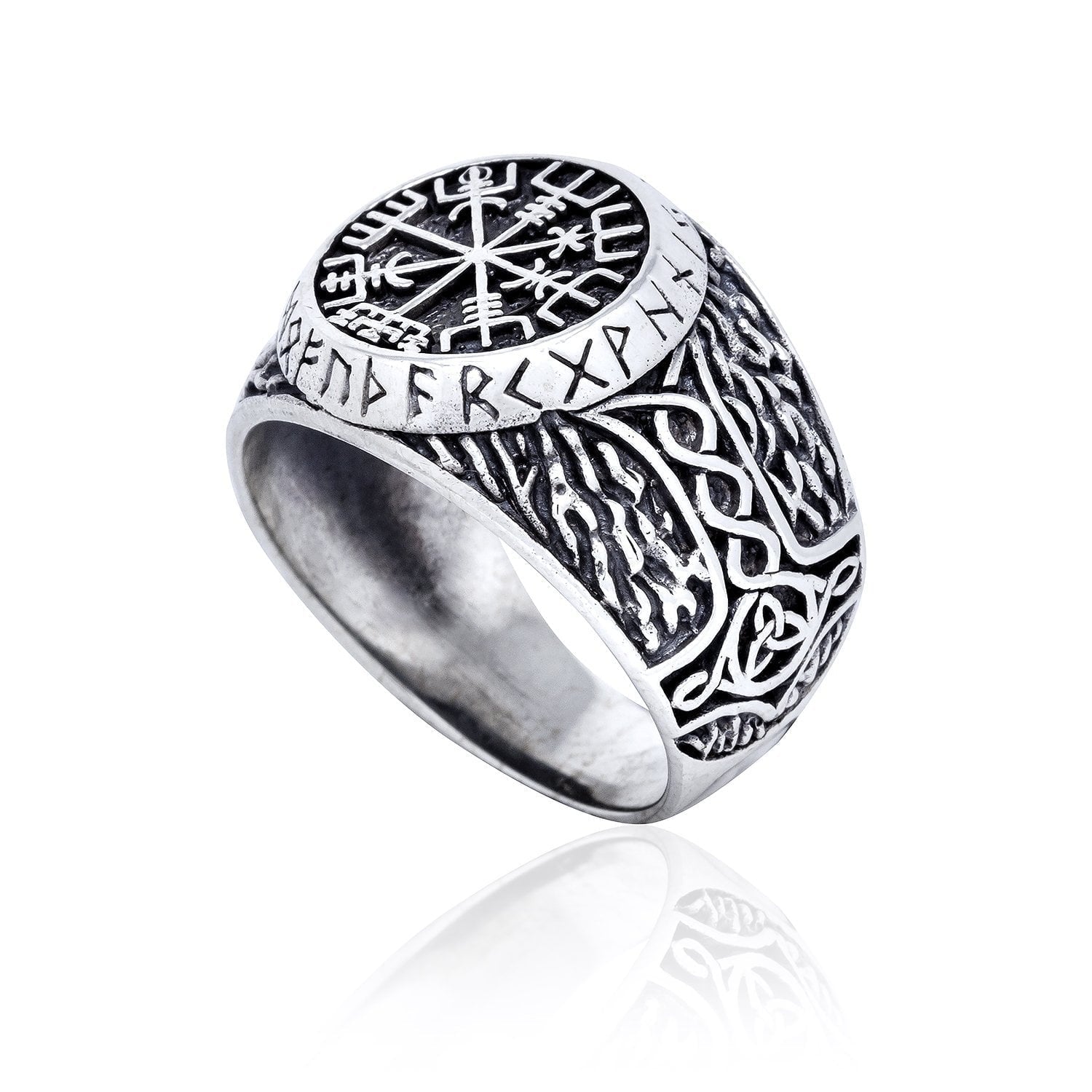 925 Sterling Silver Viking Vegvisir Runes Thor Hammer Handcrafted Ring