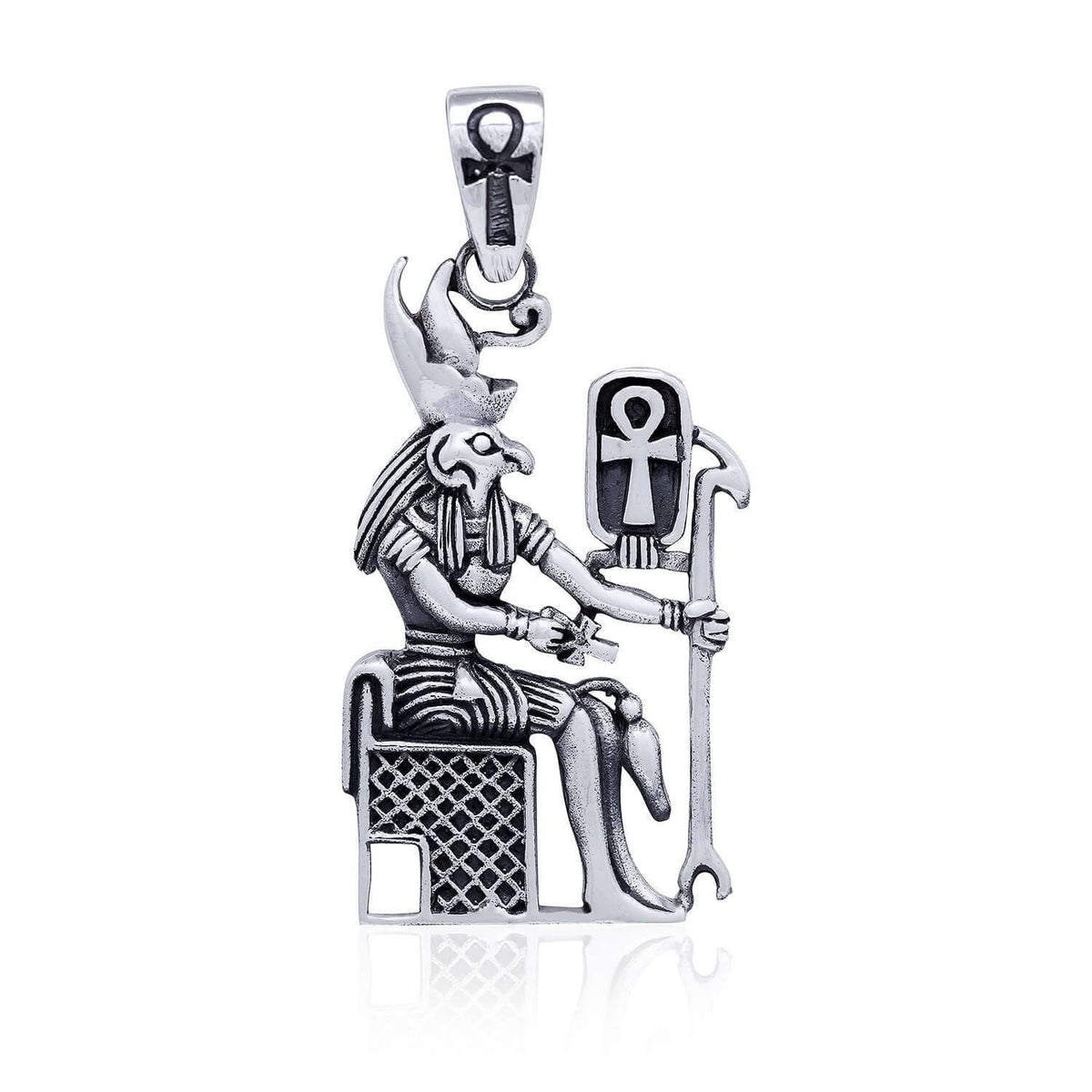 925 Sterling Silver Egyptian Sky God Horus Figure Falcon Udjat Ankh Pendant - SilverMania925