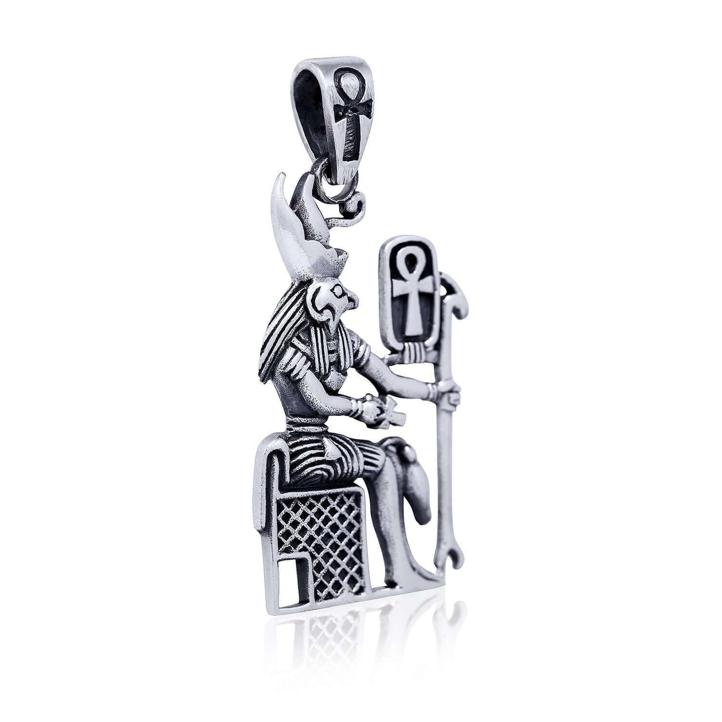 925 Sterling Silver Egyptian Sky God Horus Figure Falcon Udjat Ankh Pendant - SilverMania925