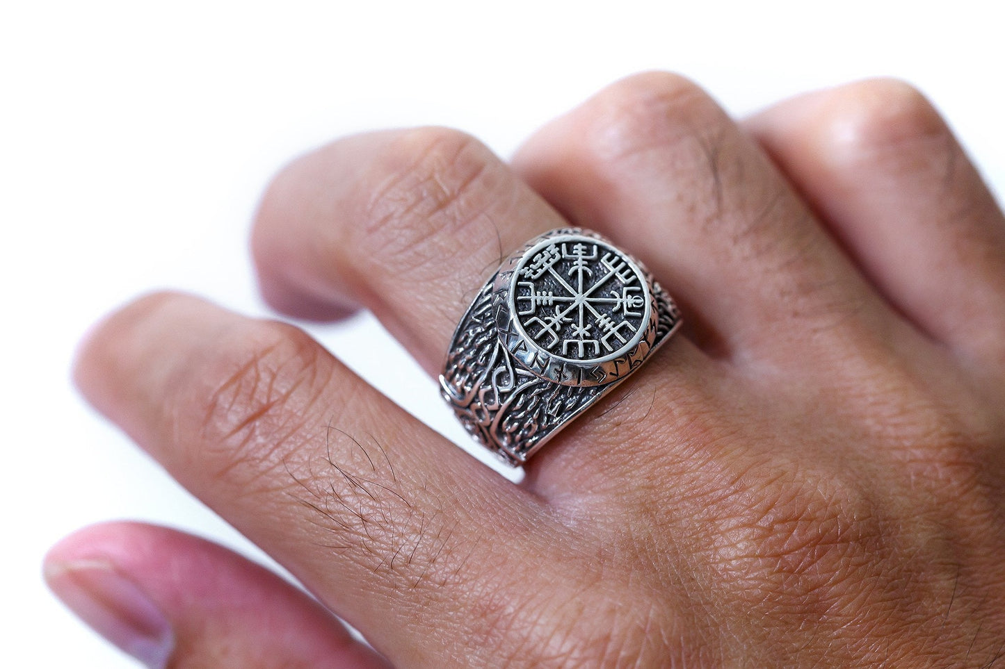 925 Sterling Silver Viking Vegvisir Runes Thor Hammer Handcrafted Ring - SilverMania925