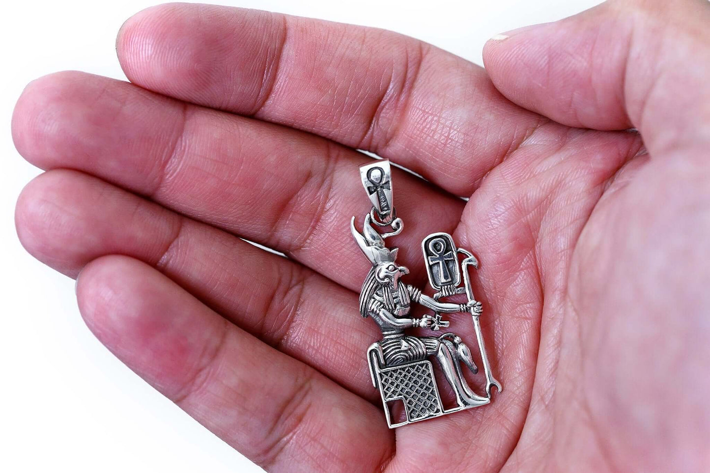 925 Sterling Silver Egyptian Sky God Horus Figure Falcon Udjat Ankh Pendant - SilverMania925