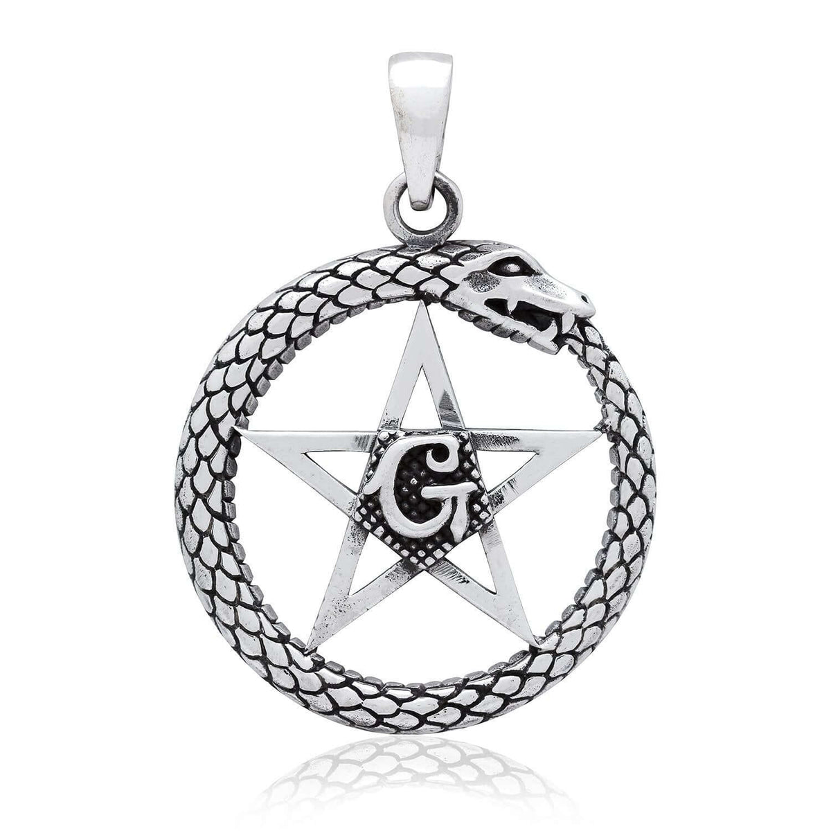 925 Sterling Silver Ouroboros Pentagram Masonic Letter G Pendant - SilverMania925