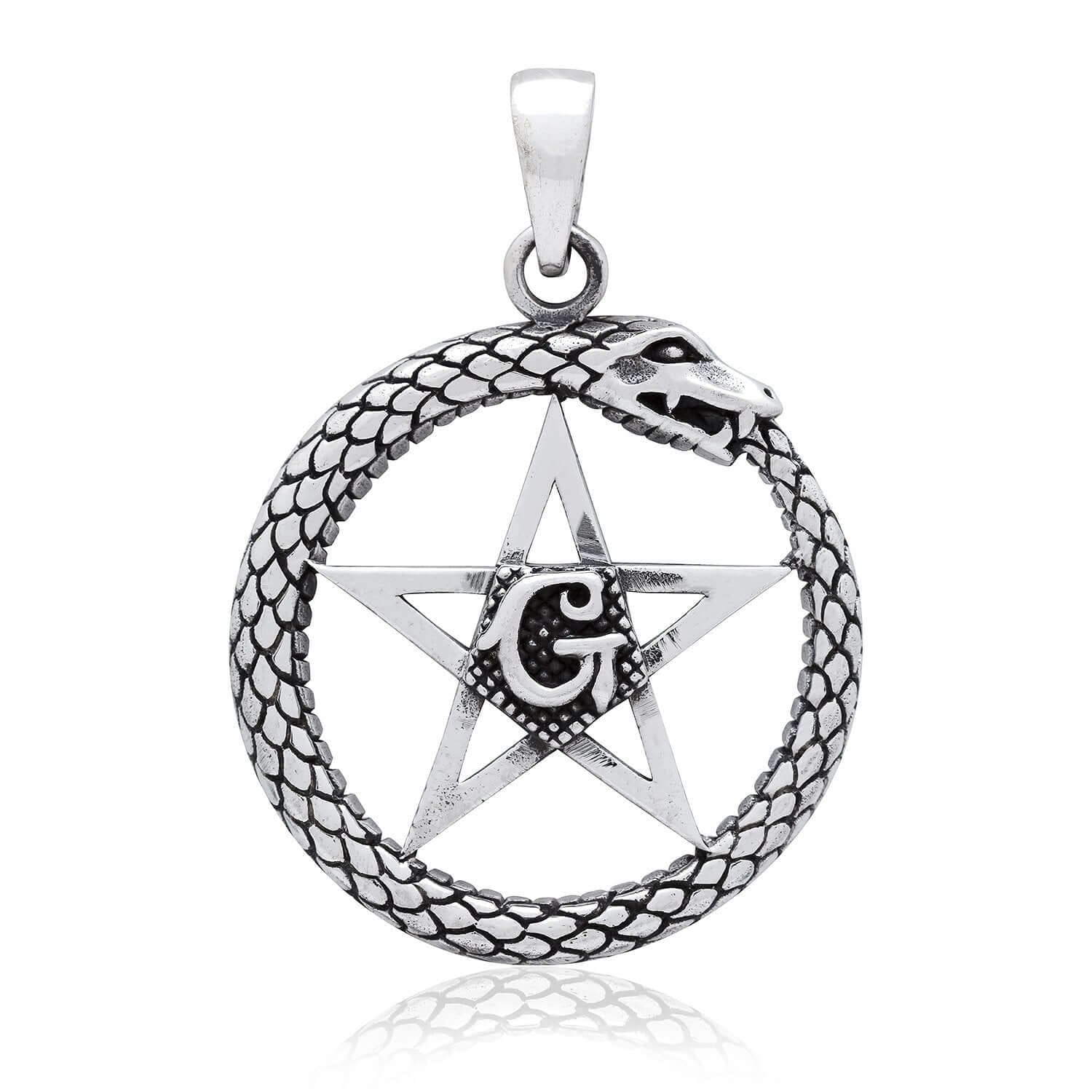 925 Sterling Silver Ouroboros Pentagram Masonic Letter G Pendant