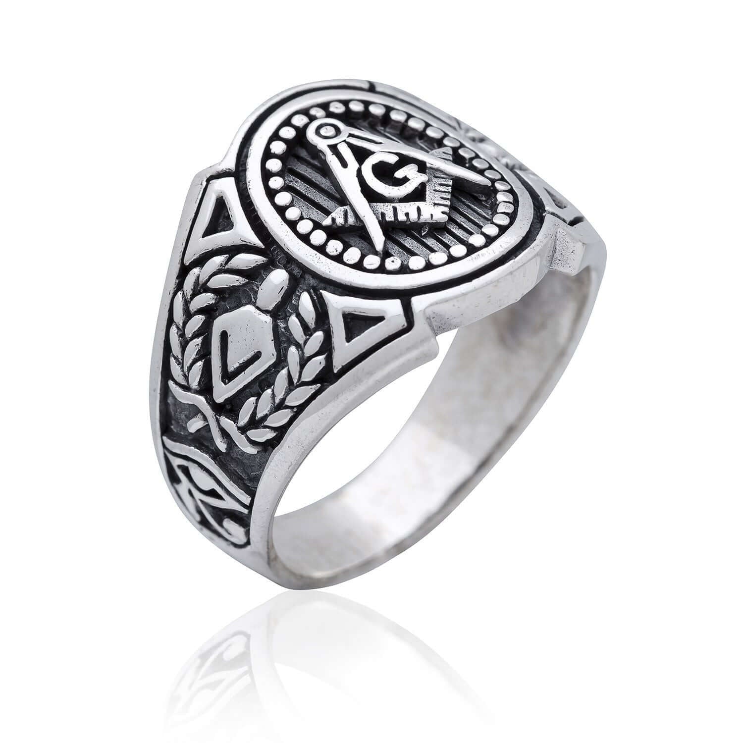 925 Sterling Silver Freemason Masonic Mason Compass Signet Ring - SilverMania925