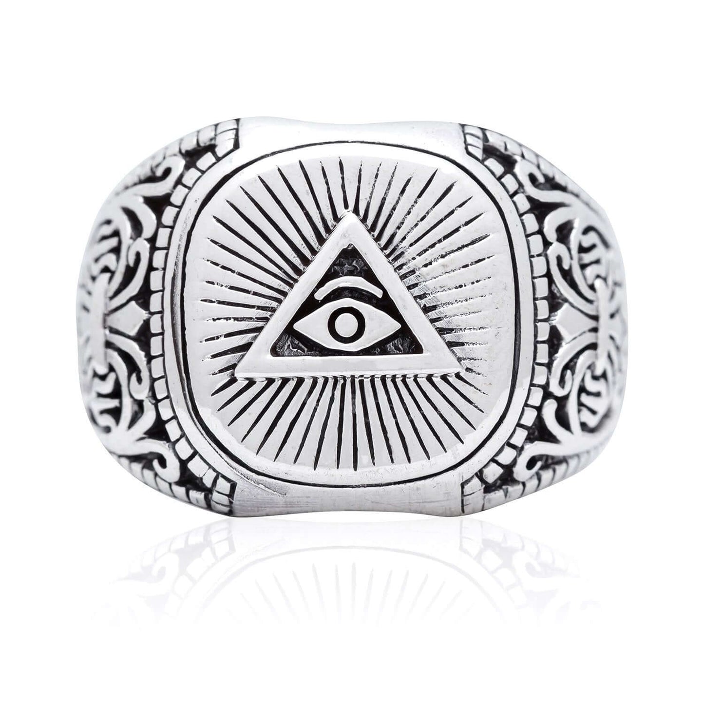 925 Sterling Silver Pyramid Masonic Freemasonry Illuminati Eye of Horus Ring - SilverMania925