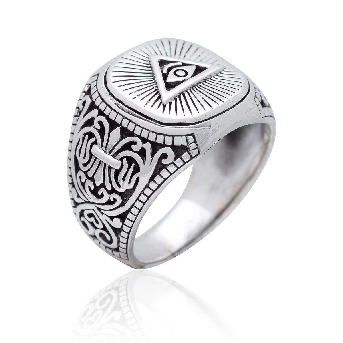 925 Sterling Silver Pyramid Masonic Freemasonry Illuminati Eye of Horus Ring - SilverMania925