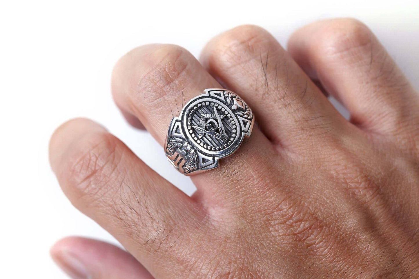 925 Sterling Silver Freemason Masonic Mason Compass Signet Ring - SilverMania925