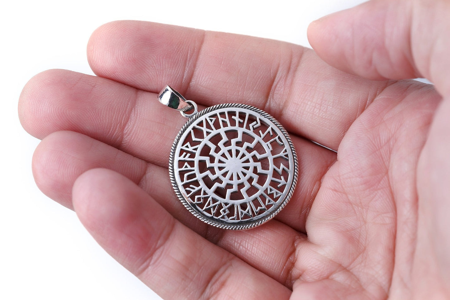 Sterling Silver Sonnenrad Pendant with Runes - SilverMania925