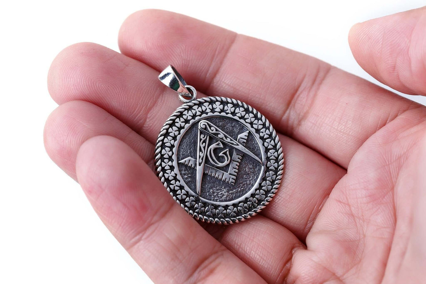 925 Sterling Silver Masonic Freemason Freemasonry Mason Compass Letter G Pendant - SilverMania925