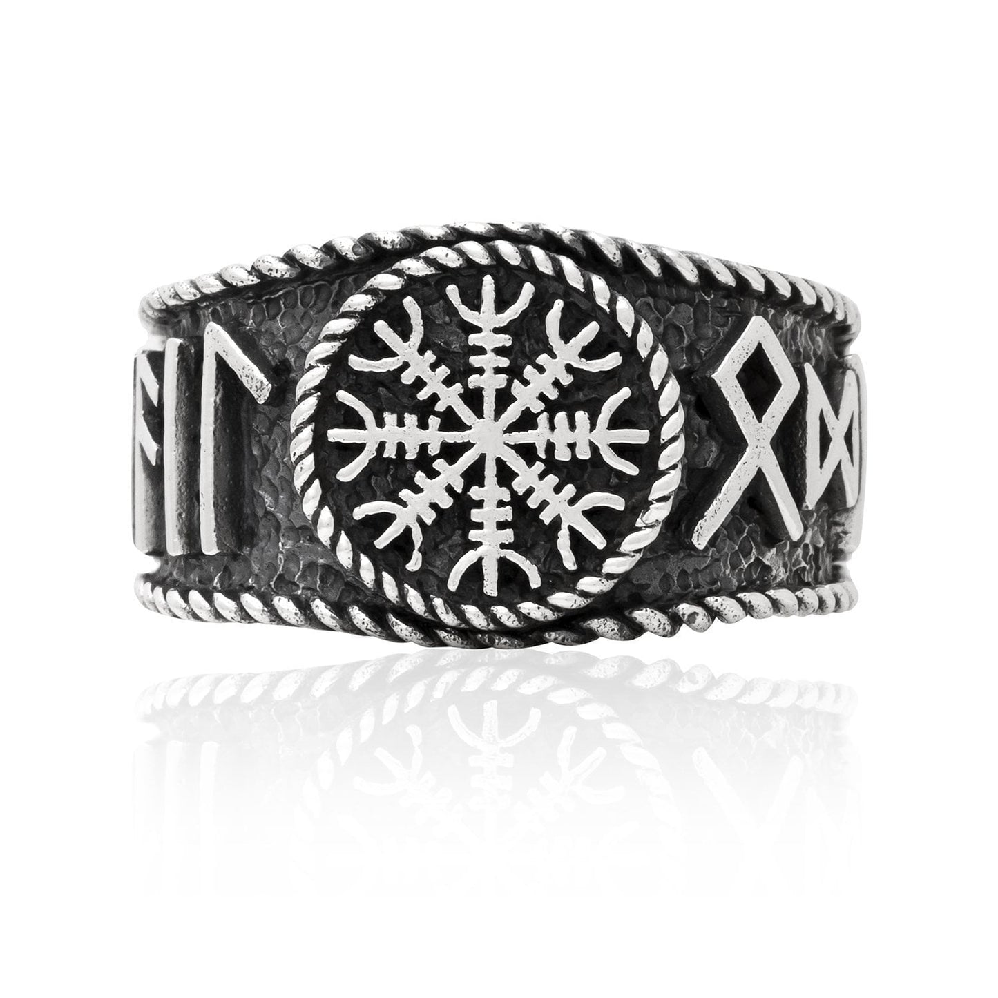 925 Sterling Silver Viking Helm Of Awe Runes Antique Ring - SilverMania925