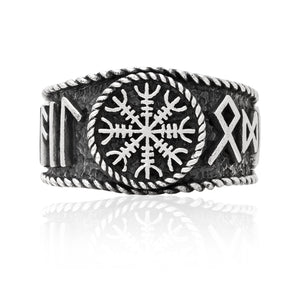 925 Sterling Silver Viking Helm Of Awe Runes Antique Ring