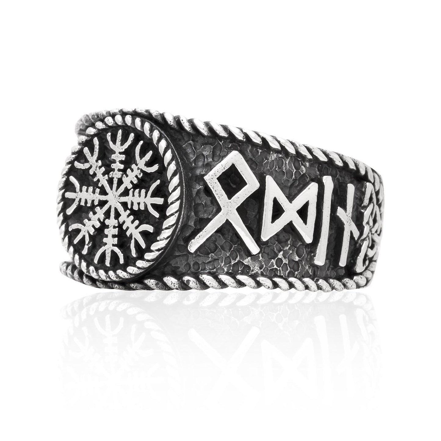 925 Sterling Silver Viking Helm Of Awe Runes Antique Ring - SilverMania925