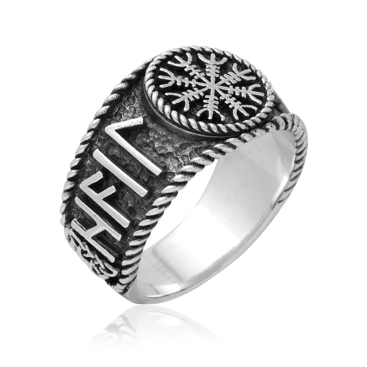 925 Sterling Silver Viking Helm Of Awe Runes Antique Ring - SilverMania925