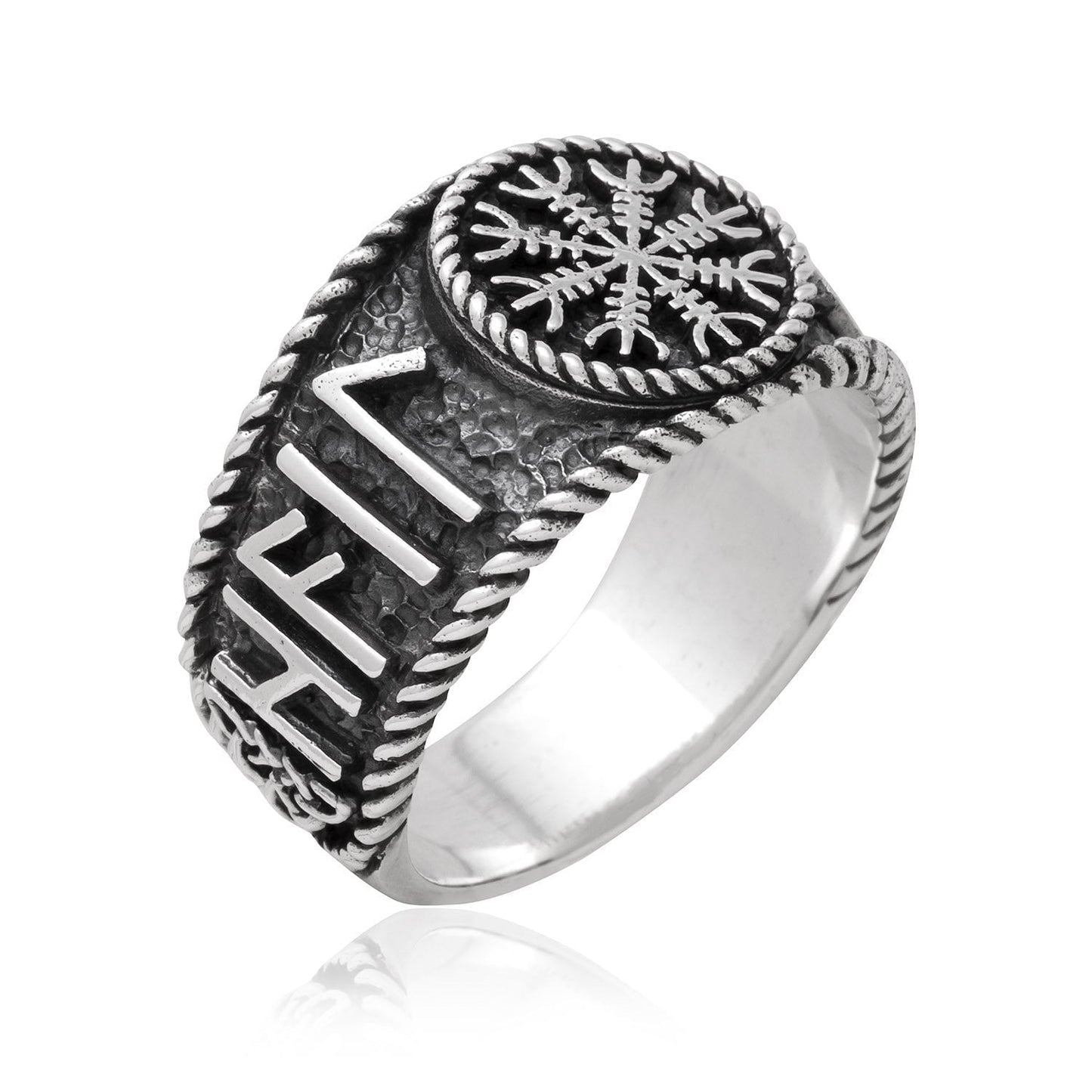 925 Sterling Silver Viking Helm Of Awe Runes Antique Ring - SilverMania925