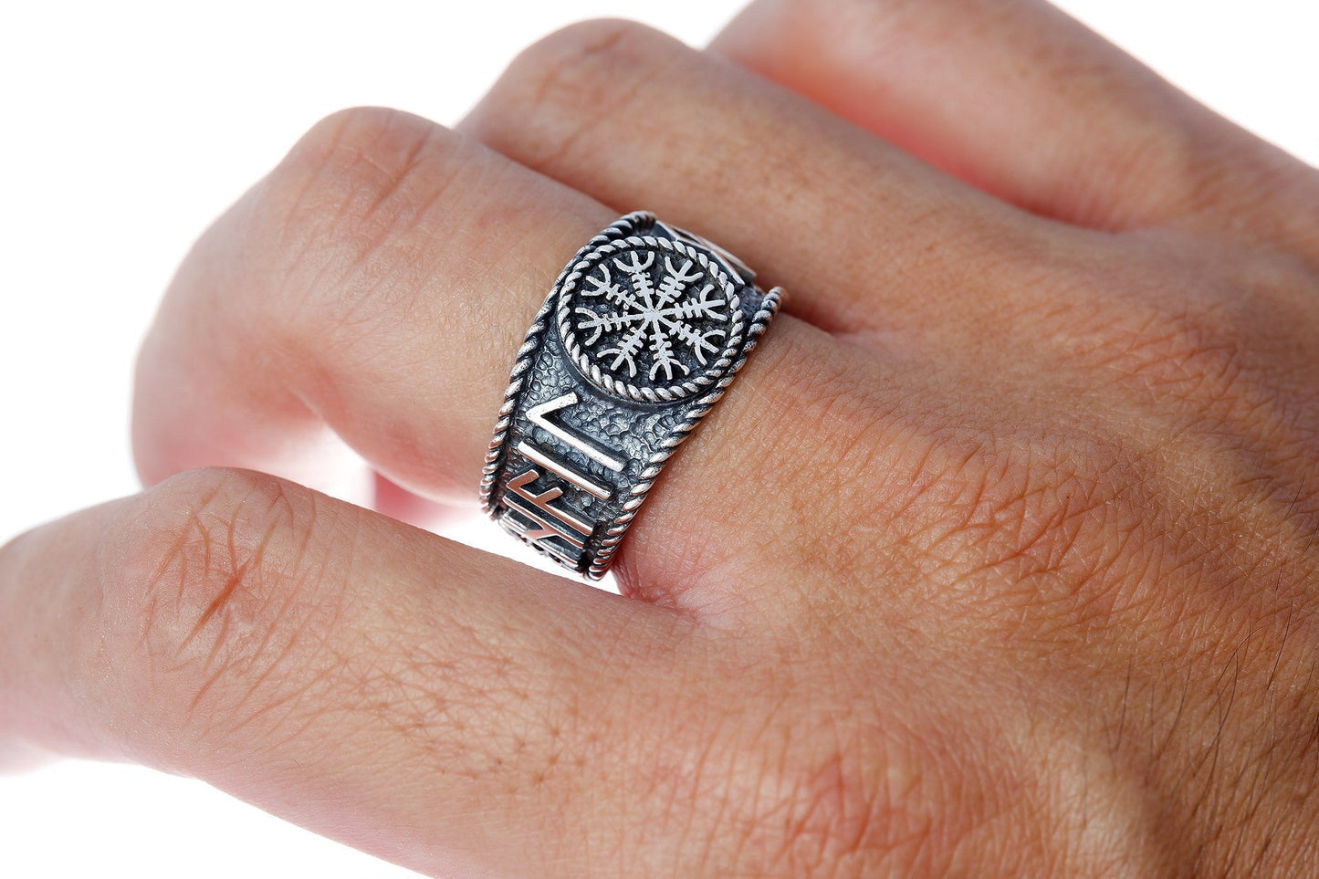 925 Sterling Silver Viking Helm Of Awe Runes Antique Ring - SilverMania925