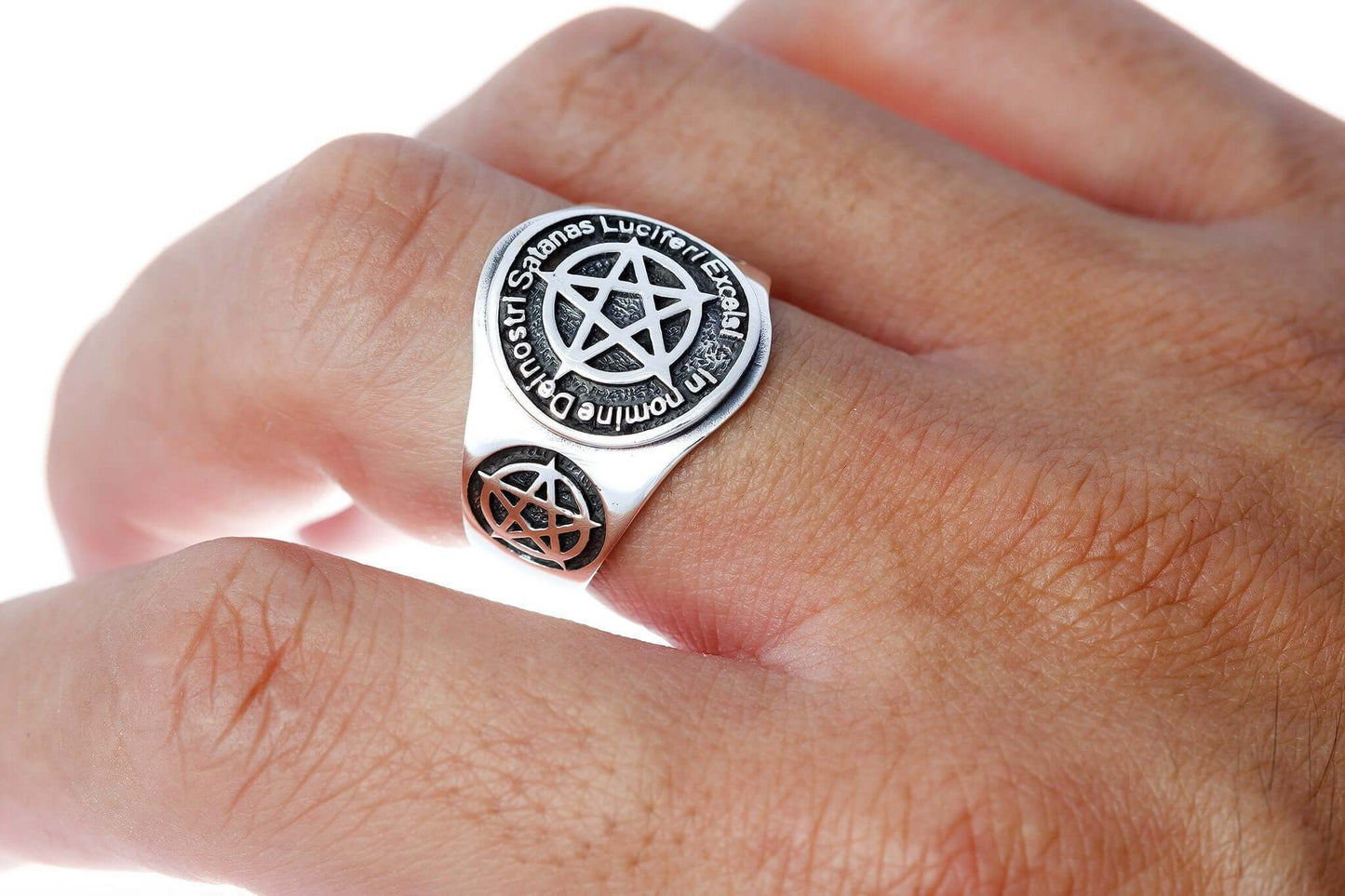 925 Sterling Silver Inverted Pentagram Lucifer Satanic Ring - SilverMania925