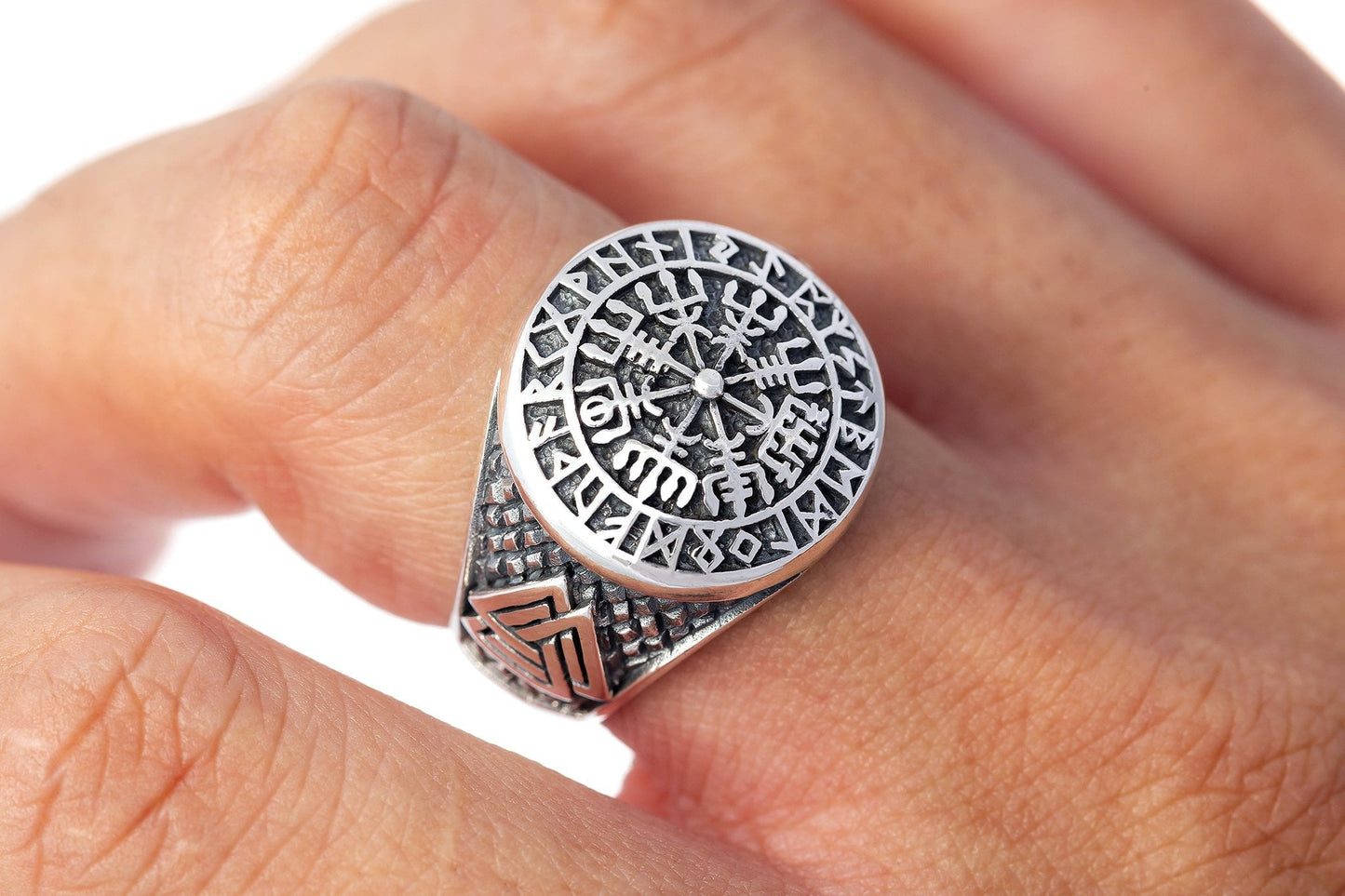 925 Sterling Silver Vegvisir Valknut Runes Viking Jewelry Ring - SilverMania925