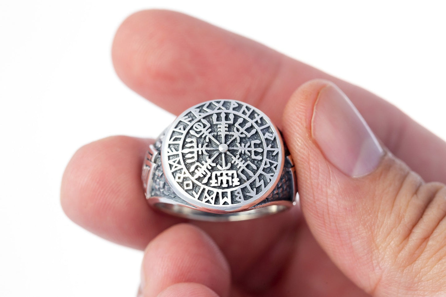 925 Sterling Silver Vegvisir Valknut Runes Viking Jewelry Ring - SilverMania925