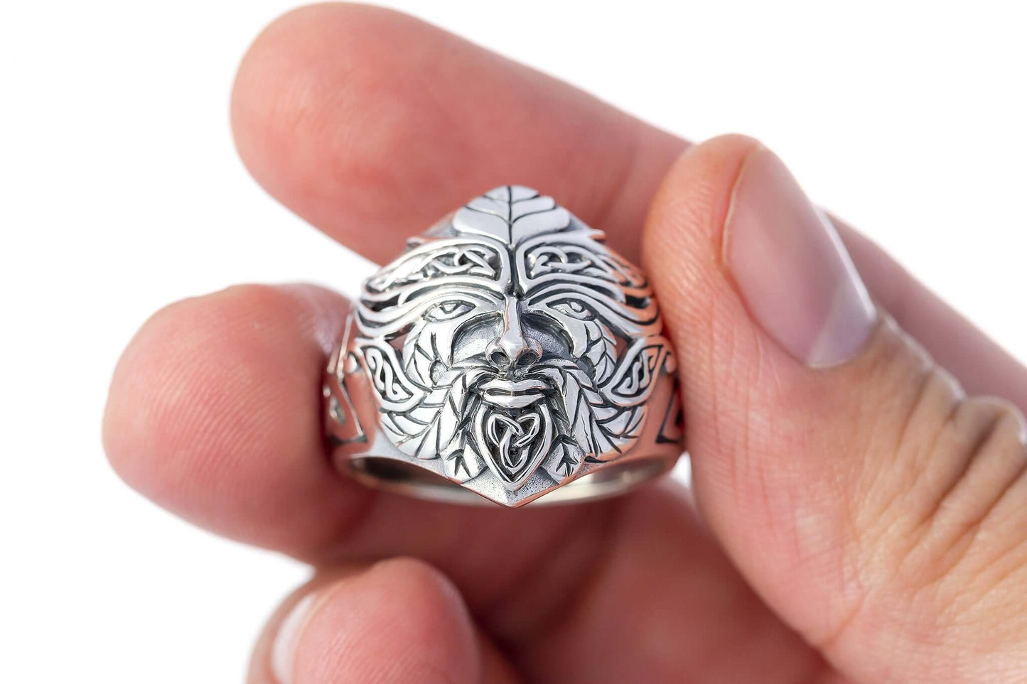 925 Sterling Silver Green Man Celtic Pagan Ring - SilverMania925