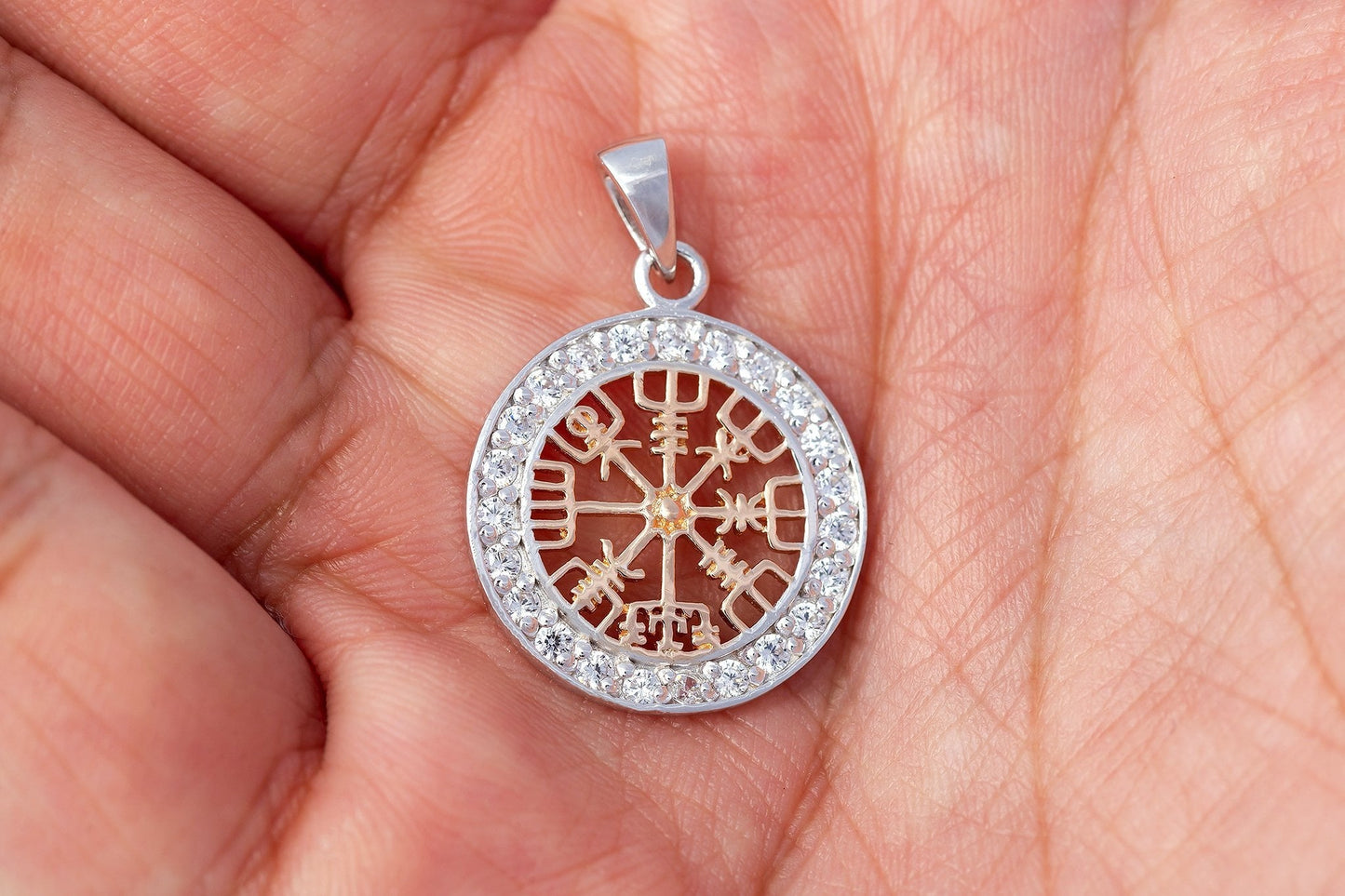 Sterling Silver Charm with Rose Gold Vegvisir and CZ - SilverMania925