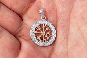 925 Sterling Silver with Rose Gold Viking Vegvisir and Cubic Zirconia Charm