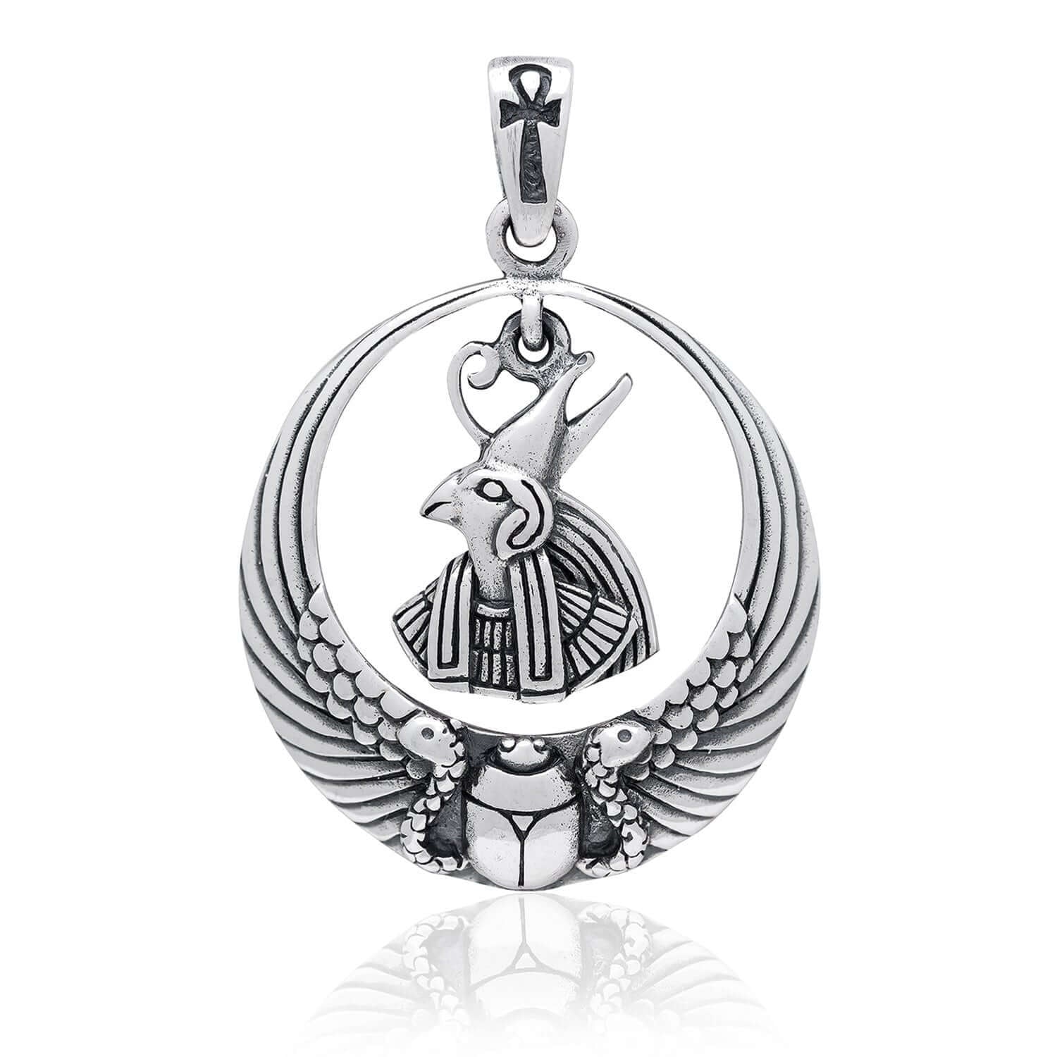 925 Sterling Silver Egyptian Sky God Horus Falcon Ankh Scarab Wings Pendant