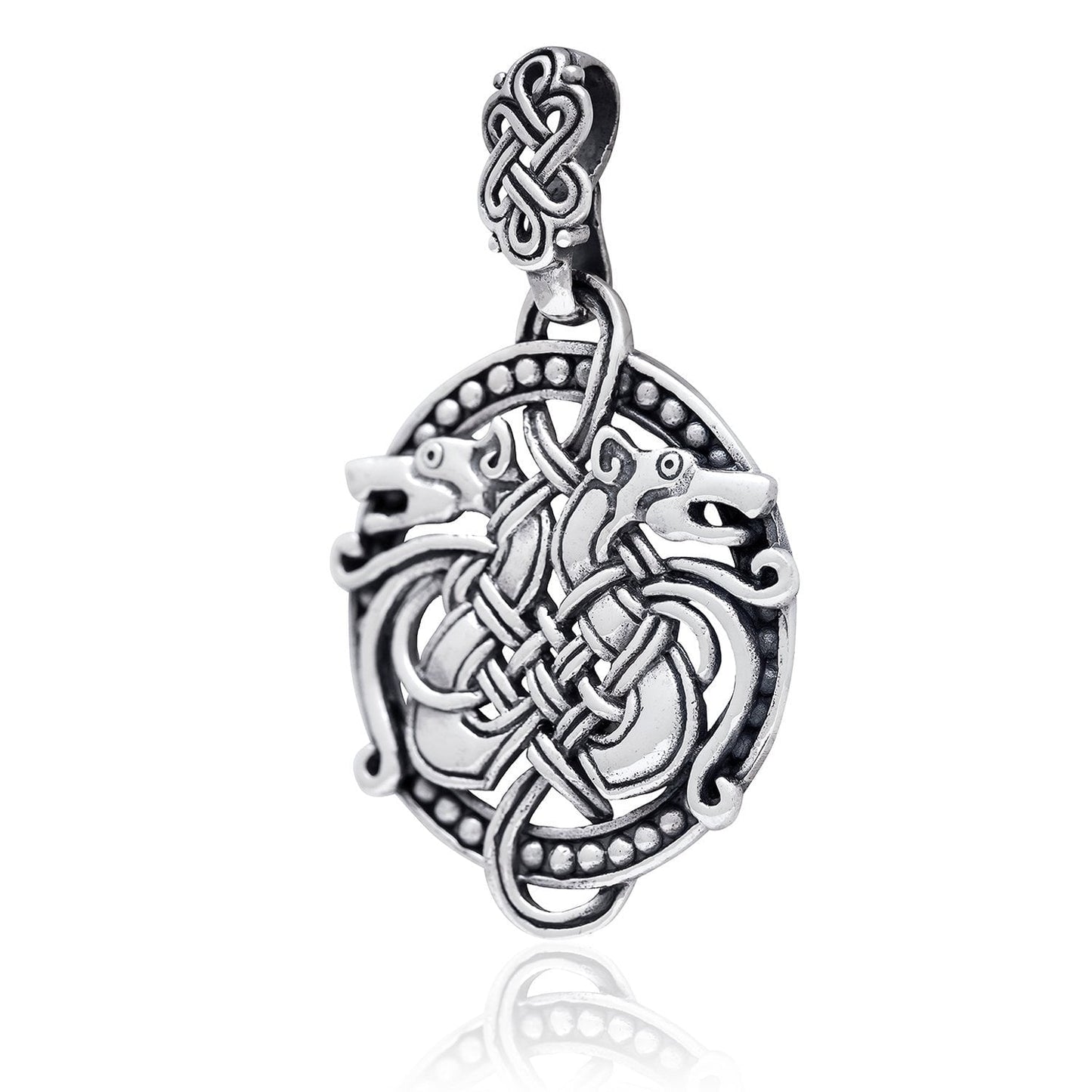 925 Sterling Silver Viking Hound Wolf Fenrir Norse Knotwork Amulet Pendant - SilverMania925